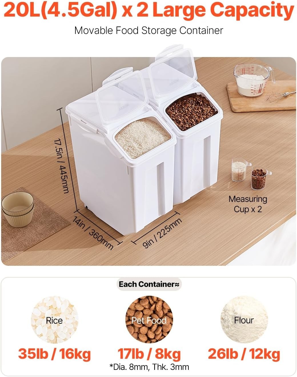 Rice Storage Container 45Gallon20L x2 Capacity Large Dog Food Dispenser