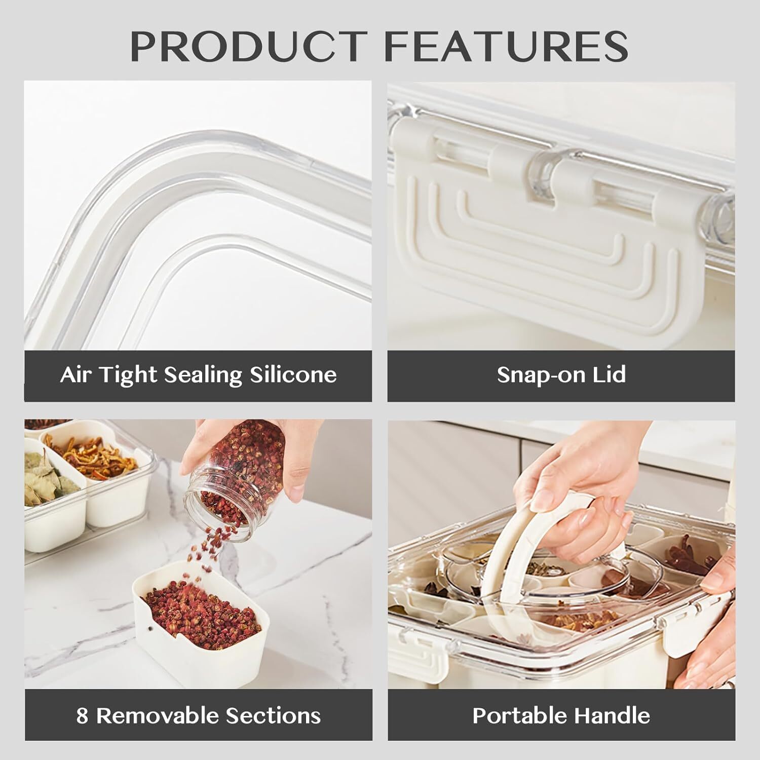 Portable Snack Box, 8 Compartment Divided Plate, Clear Organizer