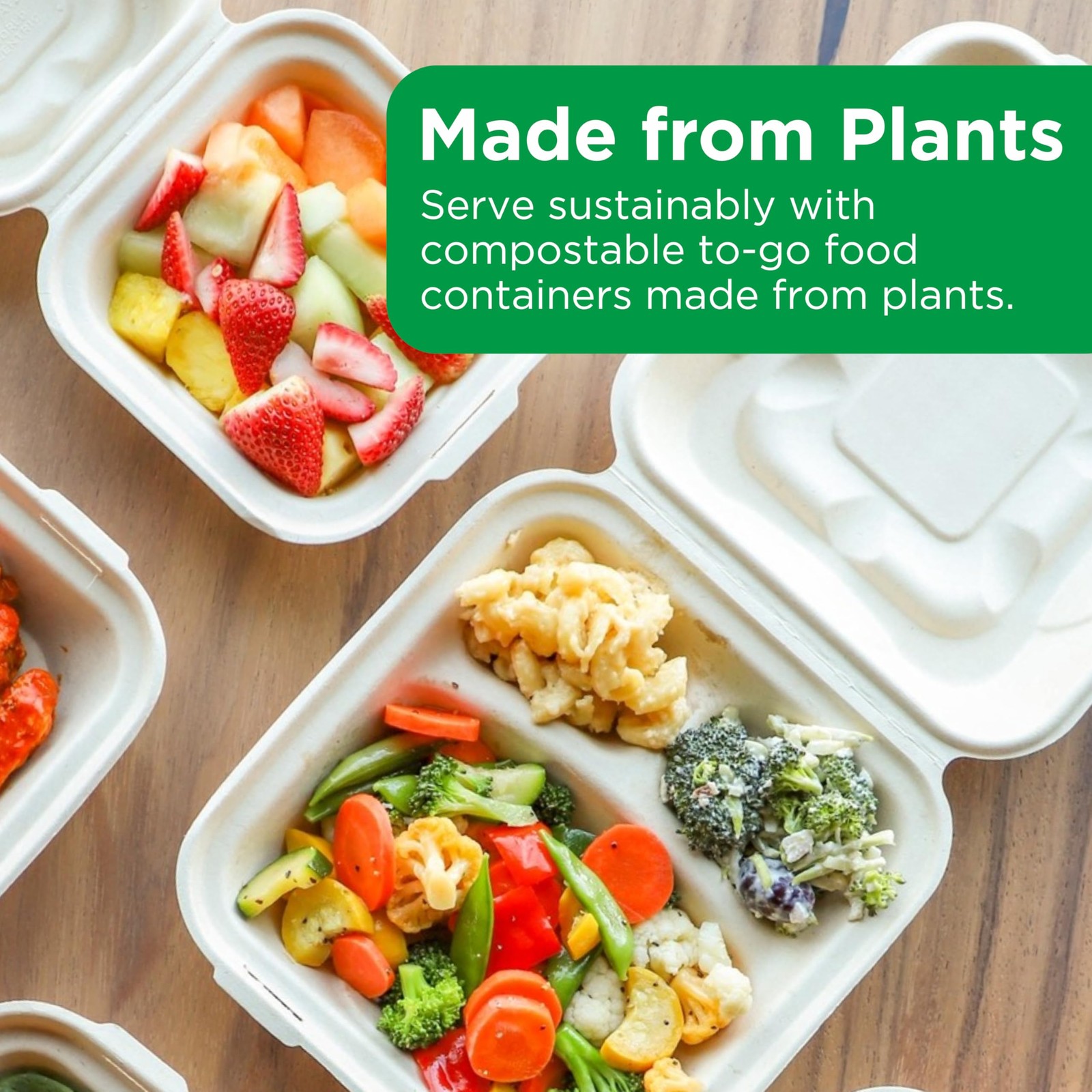 World Centric Compostable Clamshell Containers 9x9x3”, 3-Compartment – Grease a