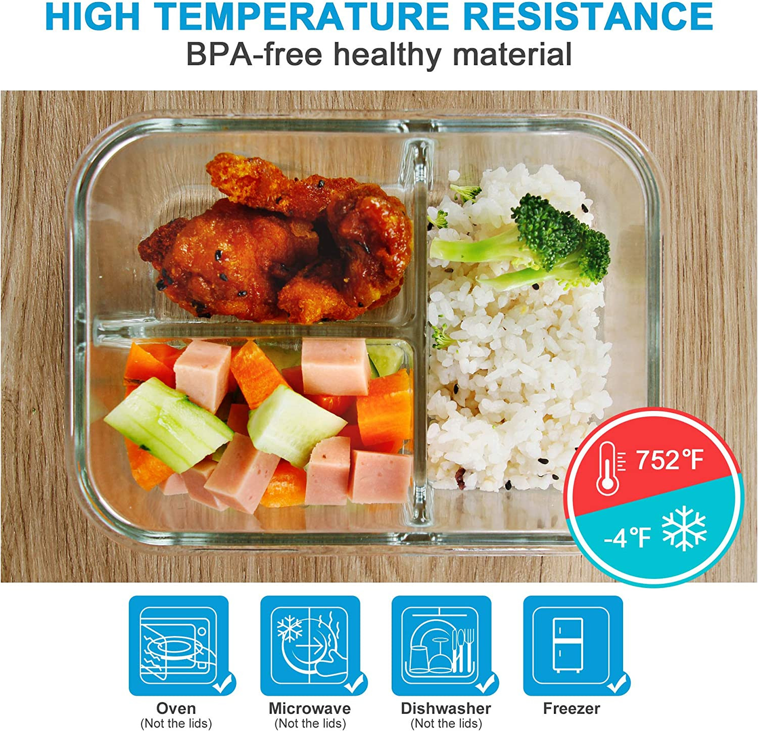 3 Pack 36Oz Bento Box Glass Meal Prep Containers with 3 Compartments, Glass Food