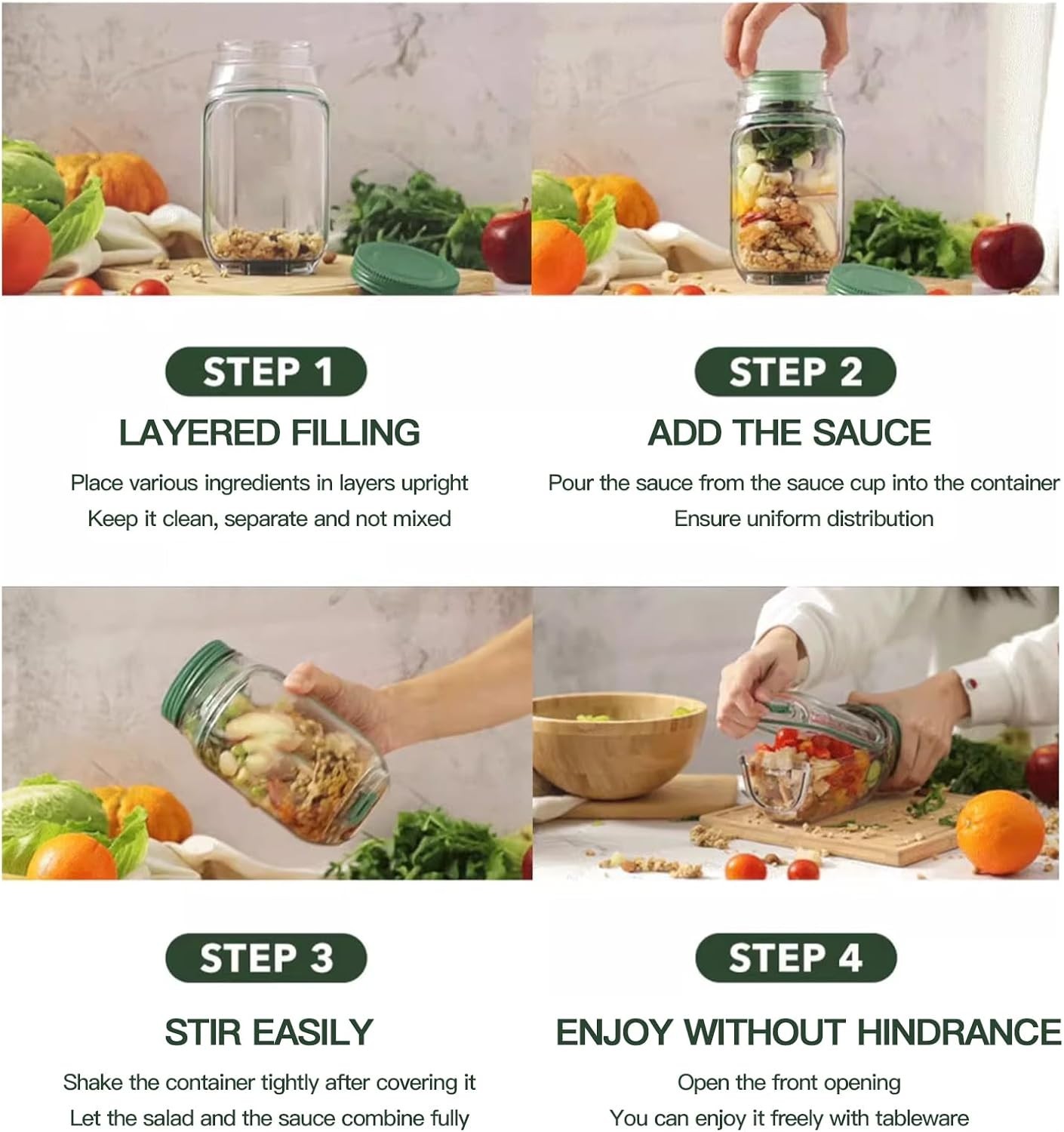 2 Pack Salad Jar Plastic Mason Jar with Side Opening Fruit Storage Box