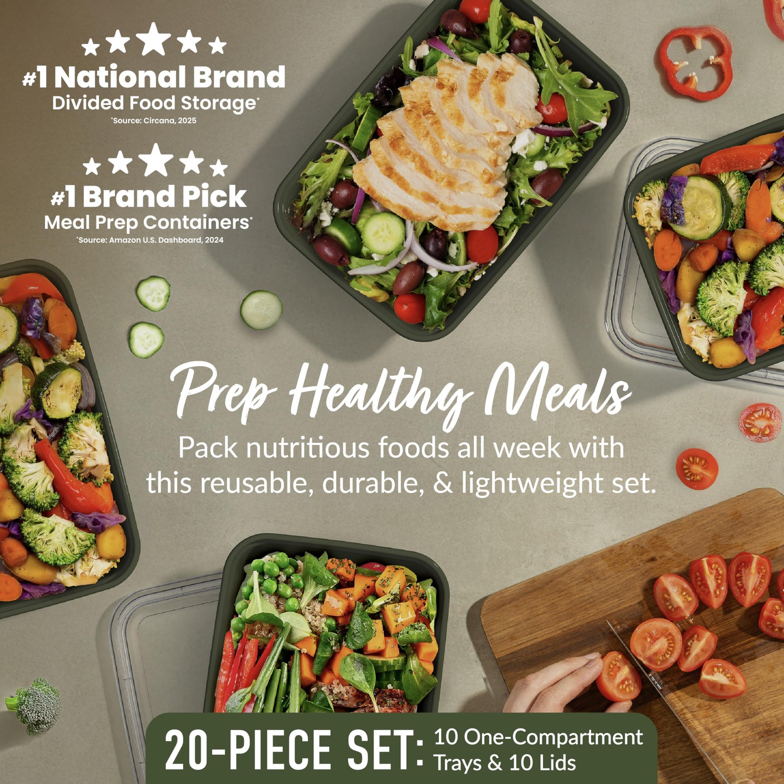 20 Reusable Meal Prep Containers 1 Compartment with Lids Khaki Green Storage