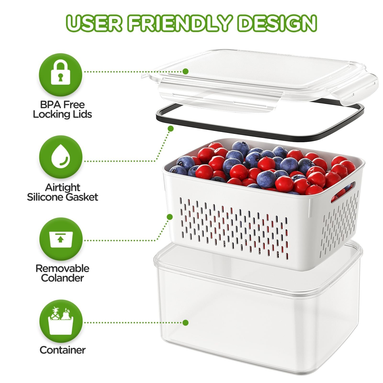 4 PCS Fruit Storage Containers with Colander, Fridge Produce Keeper, Microwave/D
