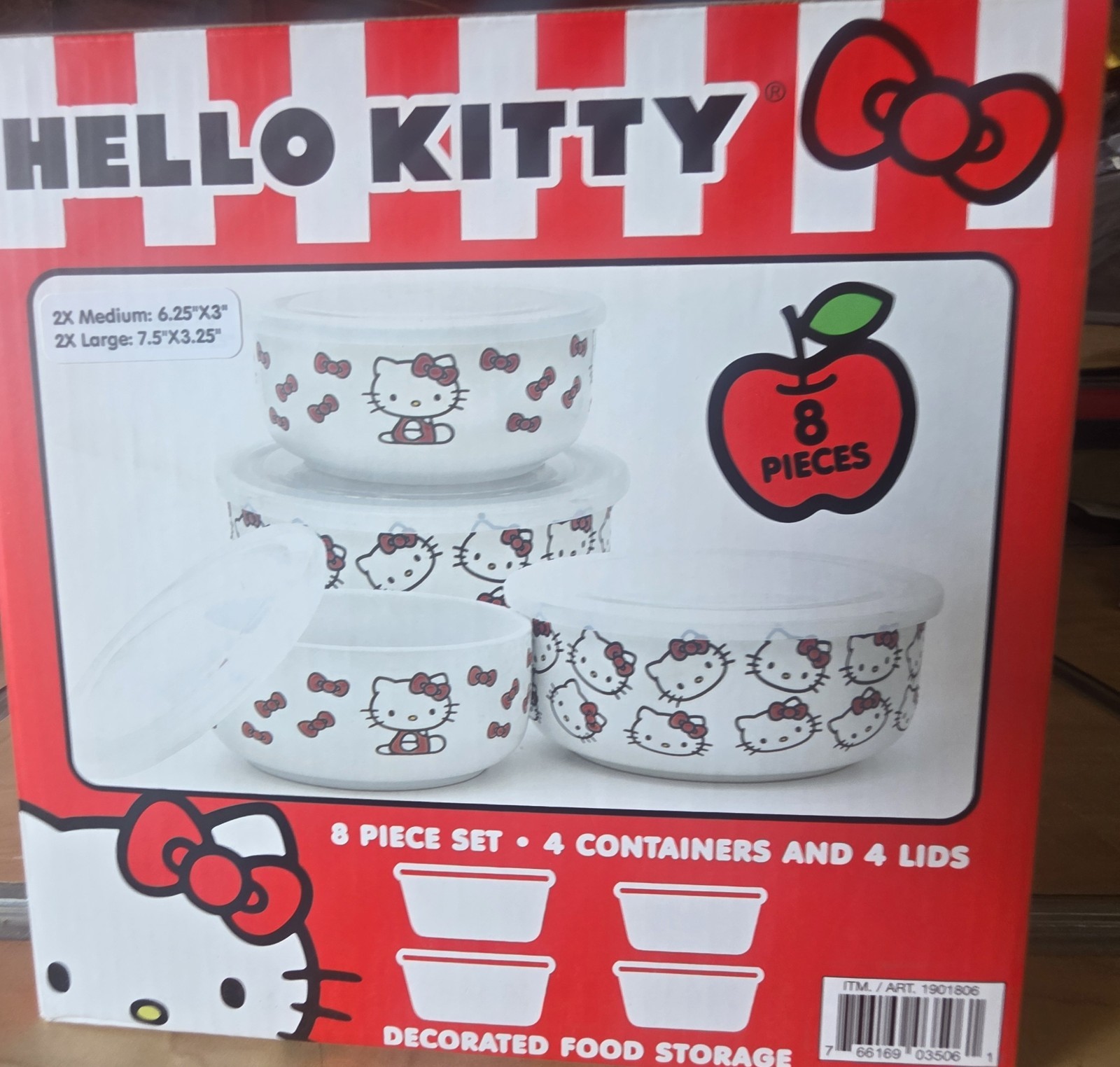 Hello Kitty Ceramic Bowl Set w/ Snap Lids 8pc White/Red/Clear Med/Lg
