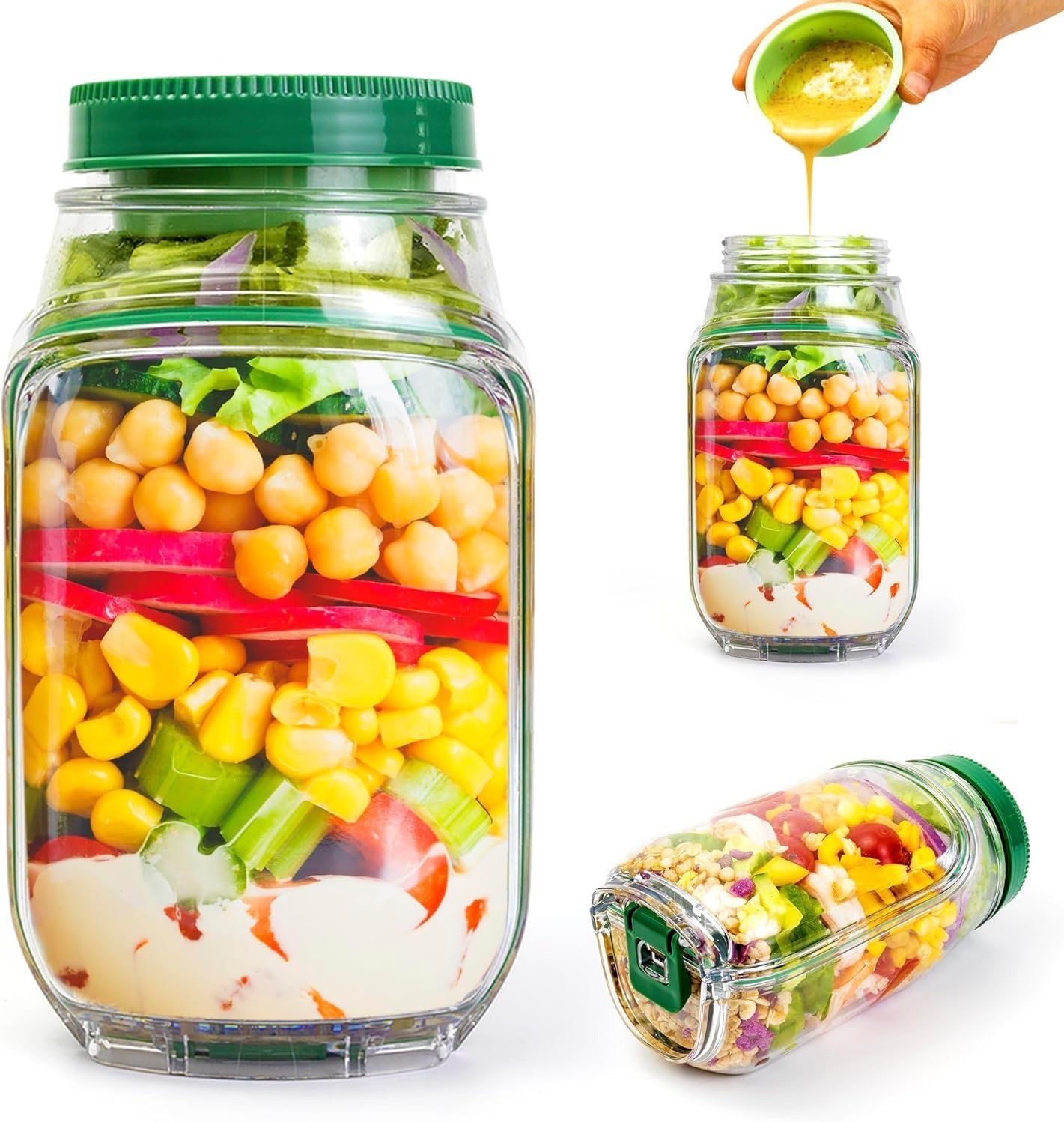 [LOT OF 2, NEW] Mason Salad Jar w/ Leakproof Dressing Compartment, Side Opening