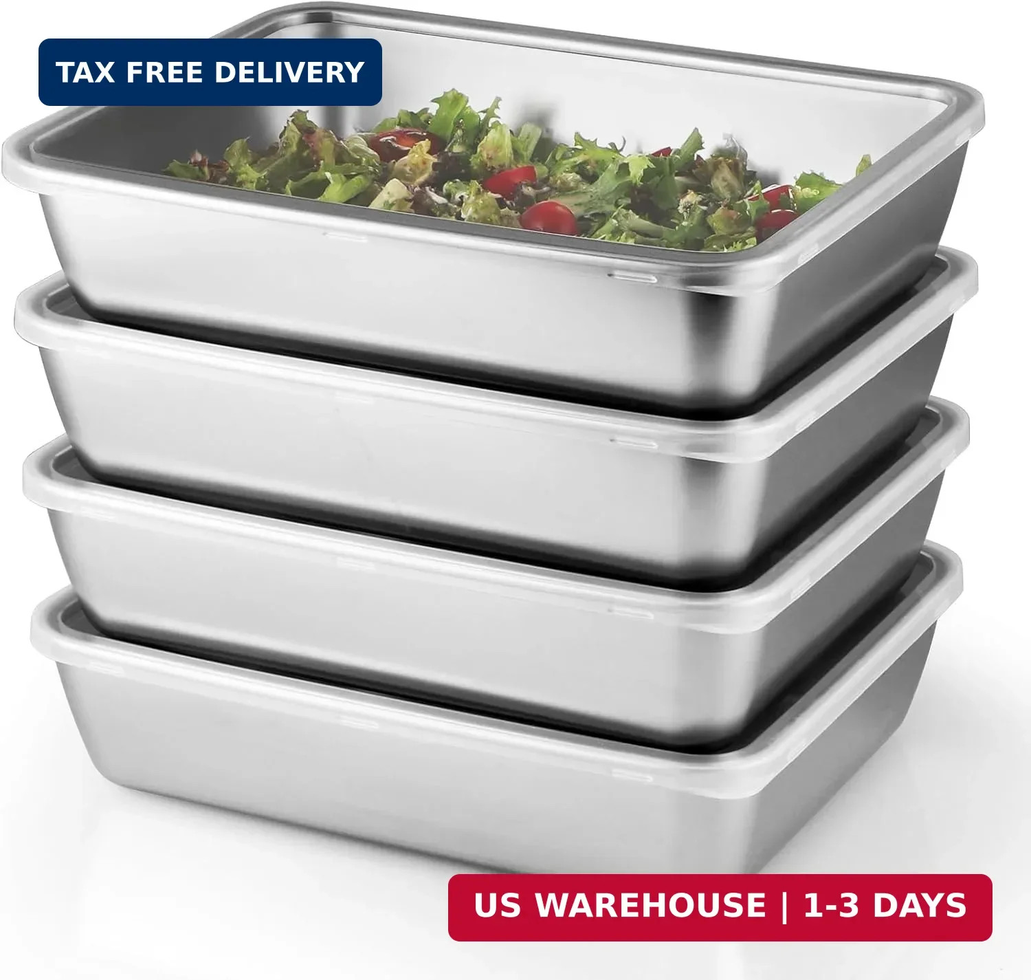 4 Pcs (68oz) Stainless Steel Food Containers with Clear Lids, 10″ x 7.7″ Stackab