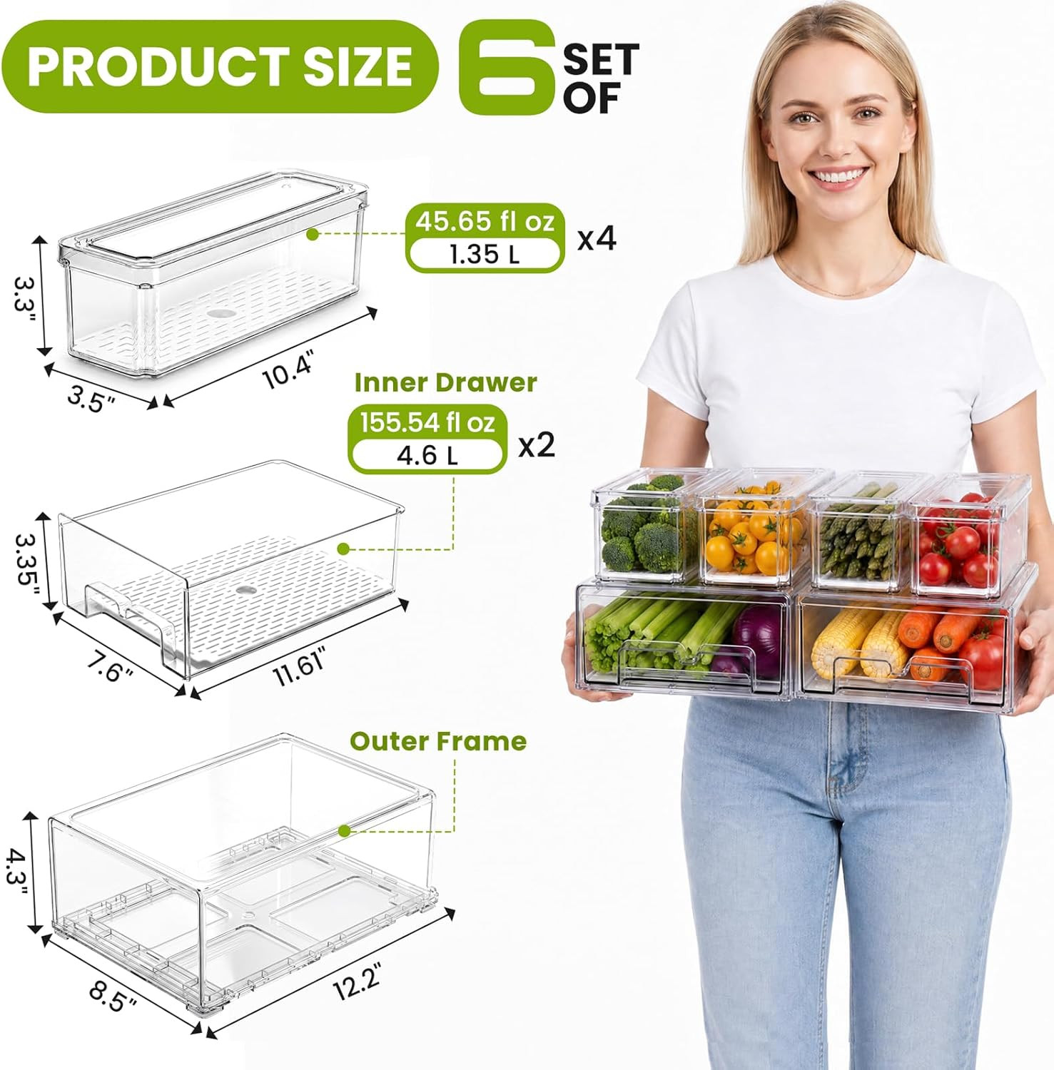 6Pack Fridge Organizers and Storage,Stackable Fridge Organizer Bins with Lids, 2