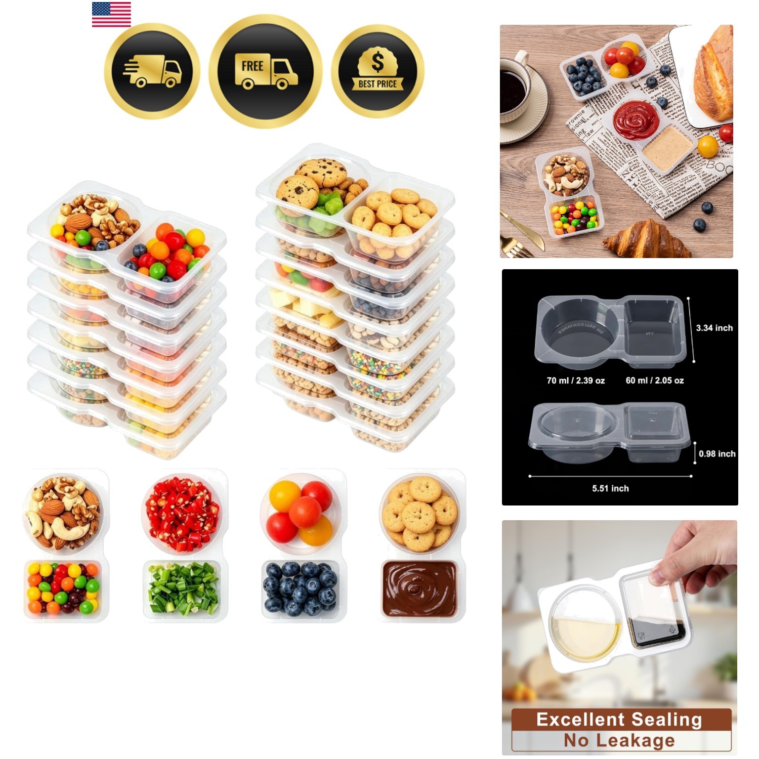 Snack Containers Reusable Leakproof Food Storage Boxes with Lids 15 Pack
