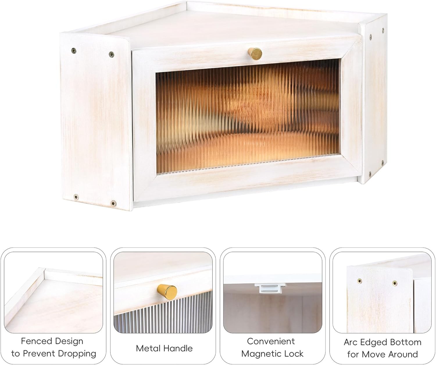 Vintage Coner Bread Box for Kitchen Countertop, Bamboo Bread Storage Container,