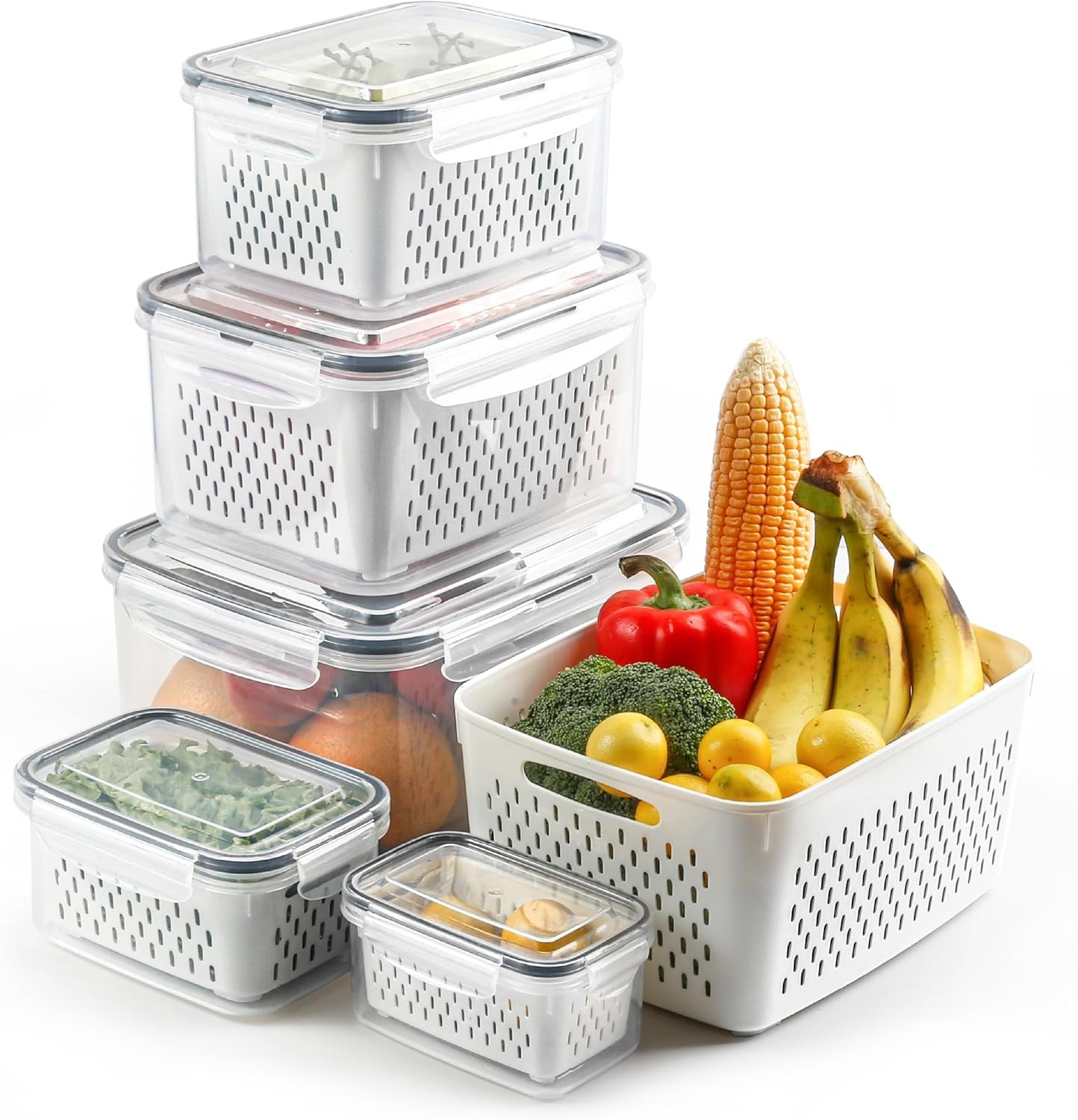 5 Set Fruit Storage Containers for Fridge with Colanders Dishwasher Safe, Lea…