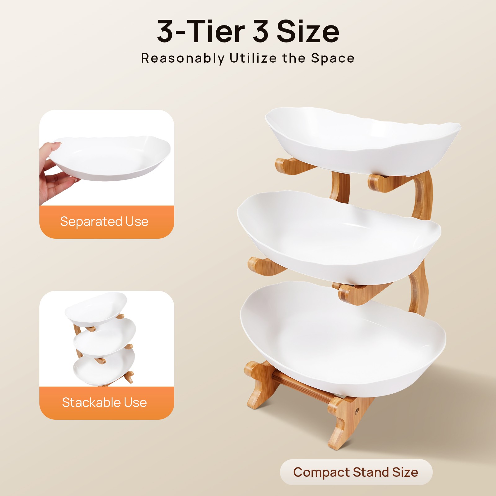 3-Tier Ceramic Serving Bowls Bamboo Wood Stand Porcelain Fruit Bowl