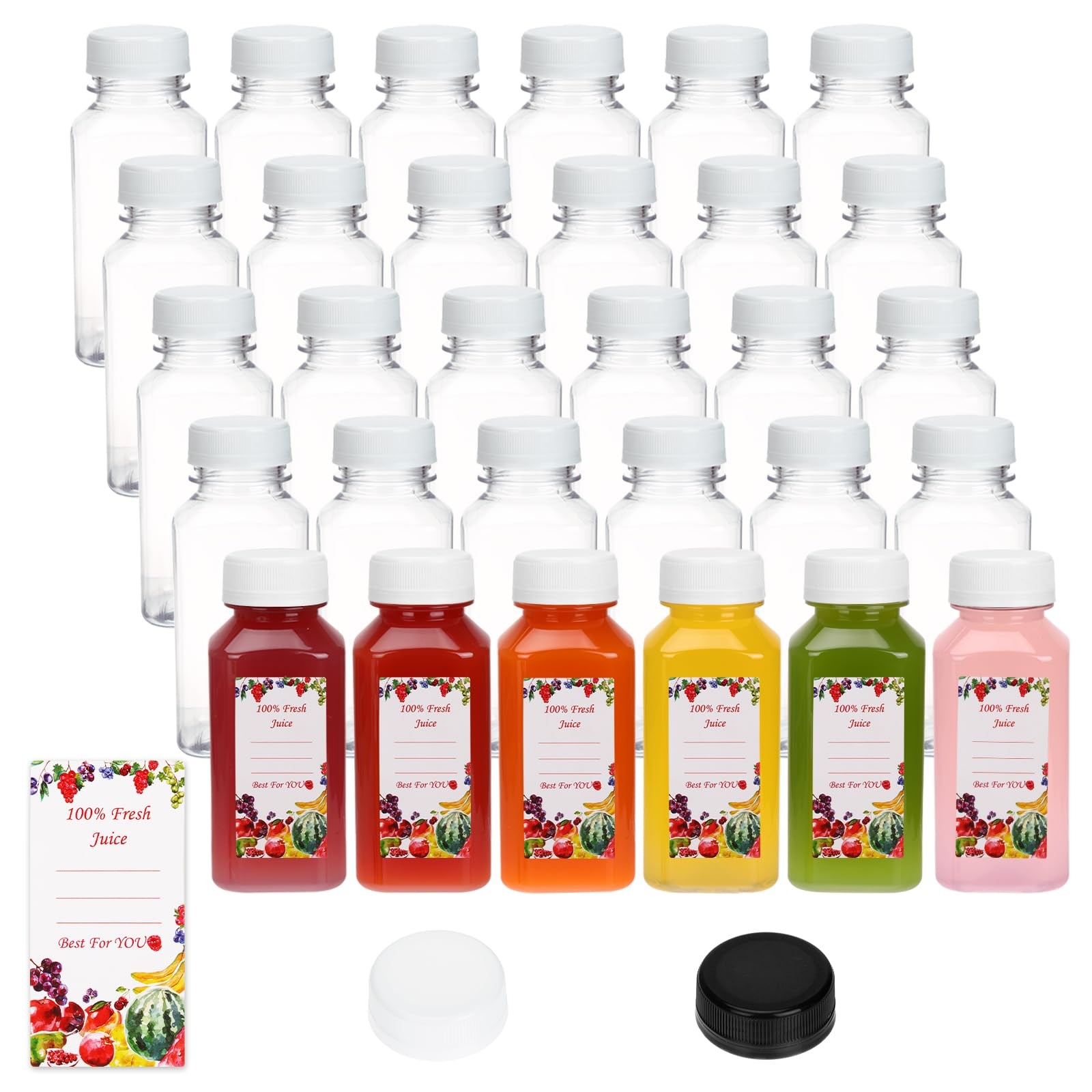 30 PCS 8oz Plastic Juice Bottles Black White Caps Reusable Containers Lids