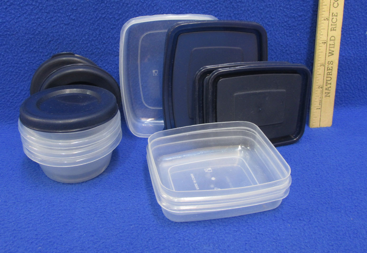 Small Mini Storage Containers Clear Plastic Food Crafts Navy Blue Lids Lot of 6
