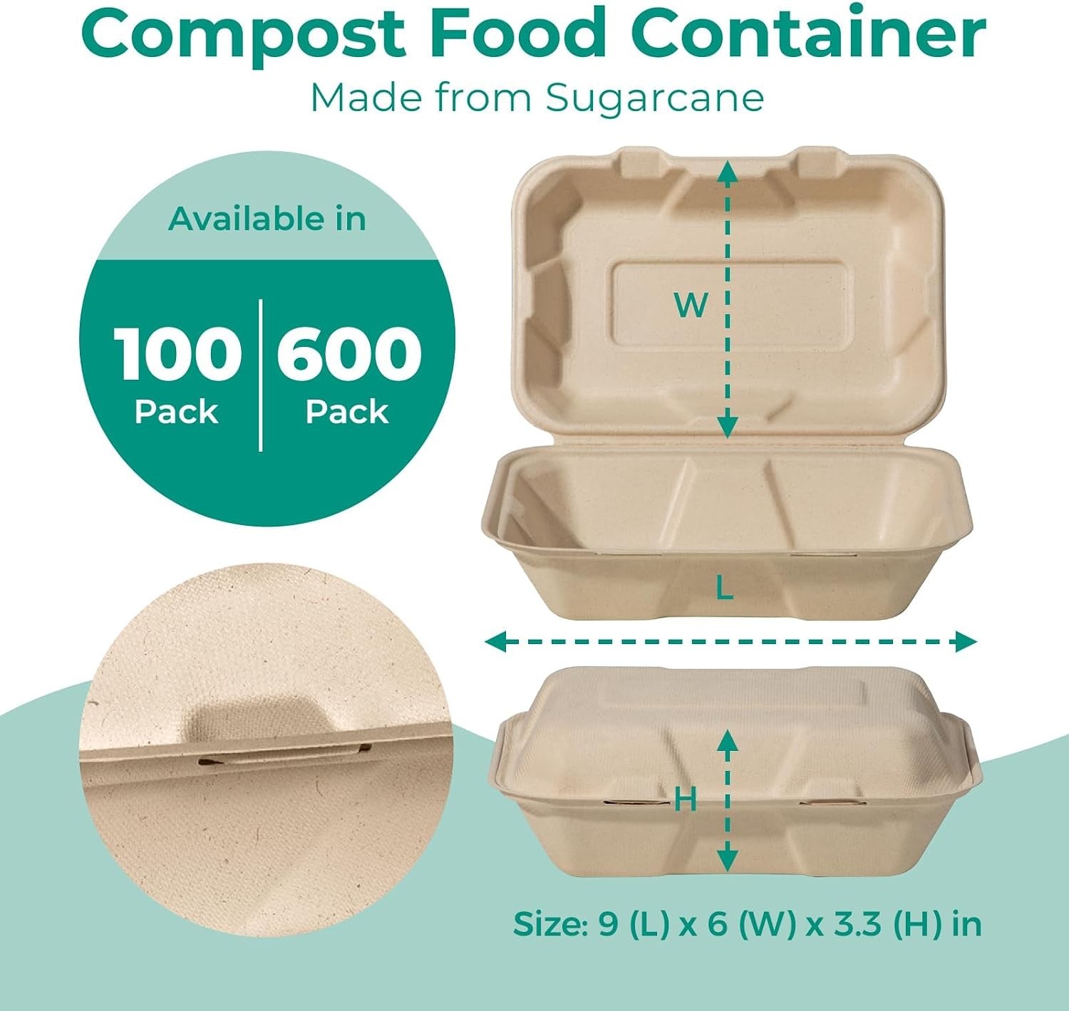 100 Pack 9×6 Compostable To Go Food Containers, Disposable To