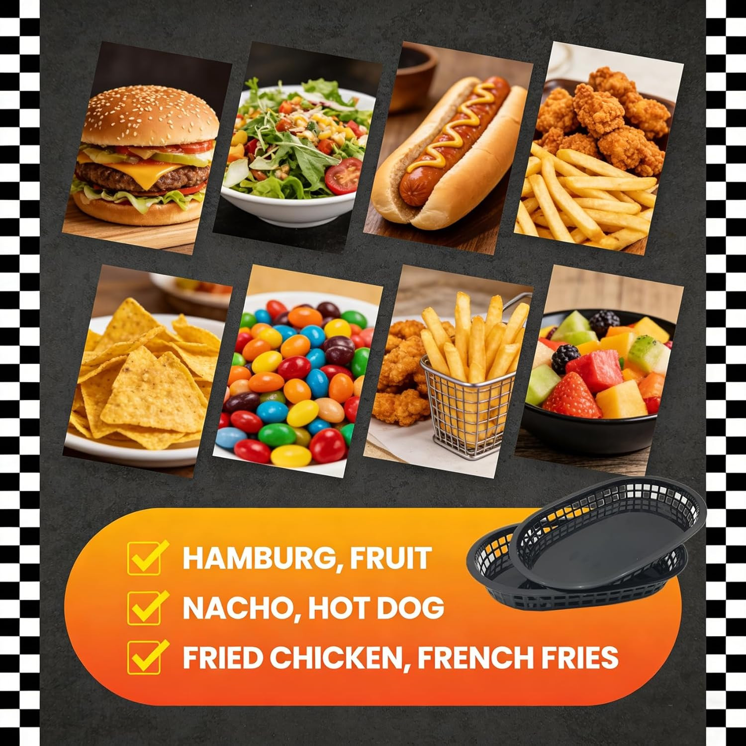 40 Pack Reusable Fast Food Baskets, 10.5×7 Inch Black Plastic Trays