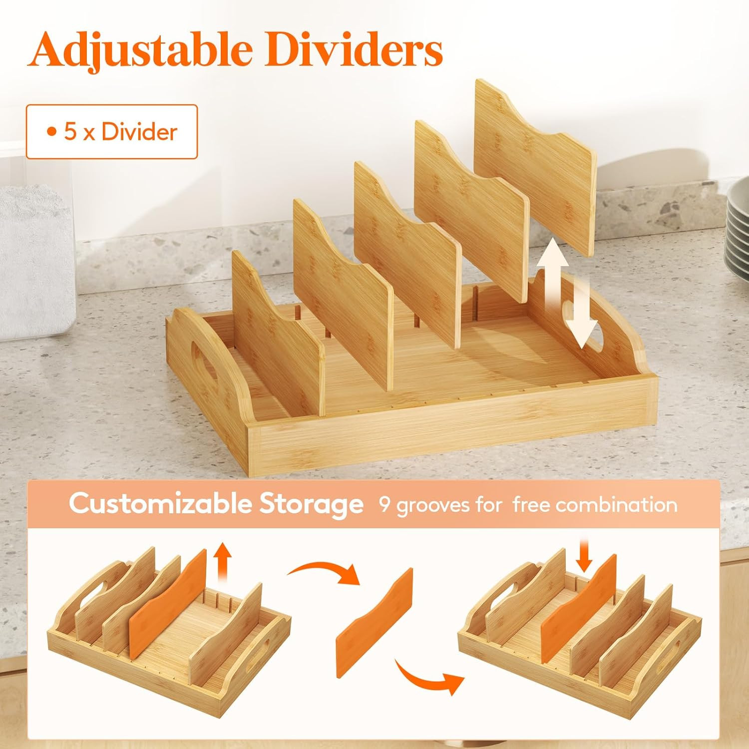 Bamboo Lid Organizers for inside Cabinet, Food Storage Container Lid Holder with