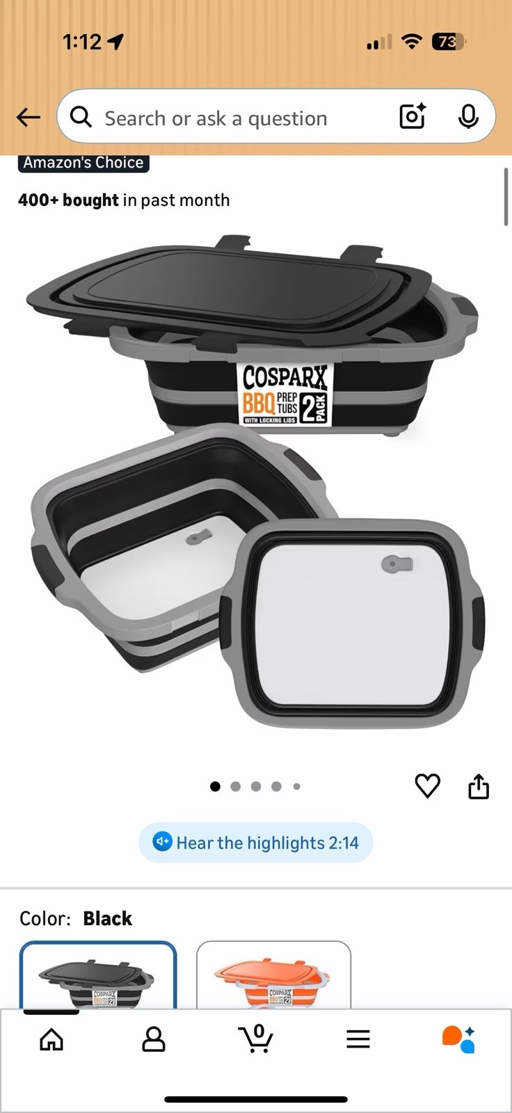 COSPARX 16L BBQ Prep Tub 1-Pack, Locking Lid, Collapsible, Black