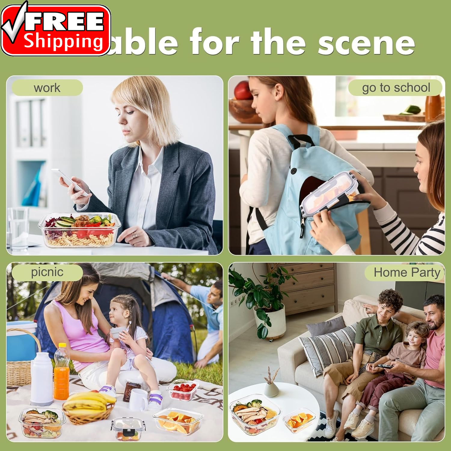 8 Pack Glass Food Storage Containers with Lids, Meal Prep Containers, Airtight B