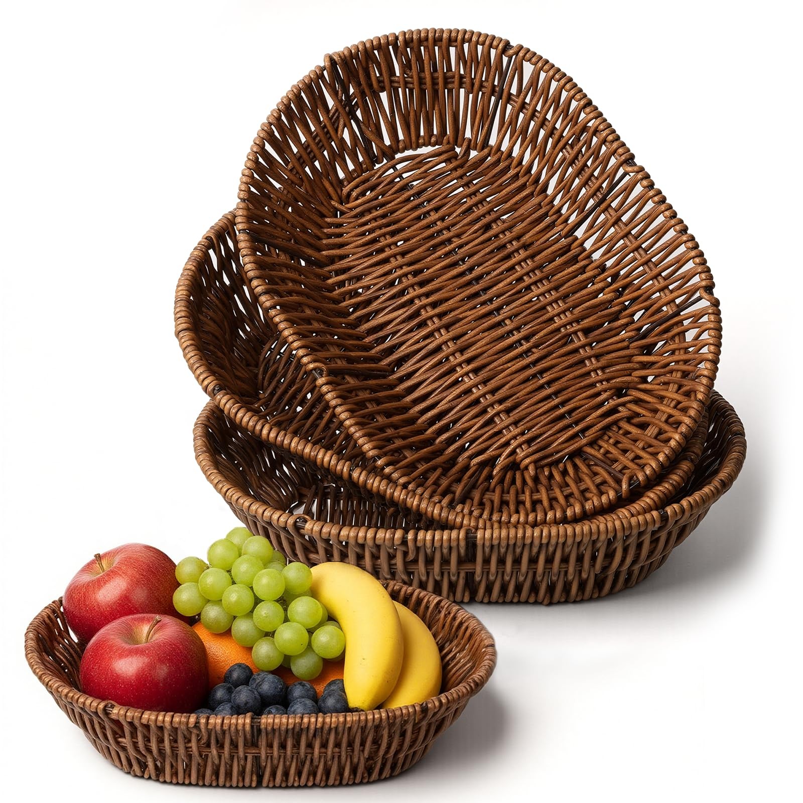 3 PCS Wicker Bread Basket 11 Inch Woven Food Serving Storage Bins For Kitchen