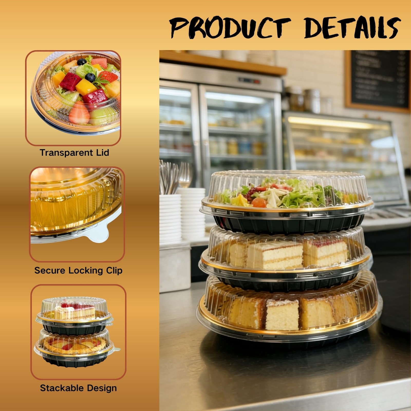 Disposable Pie Carrier with Clear Lid, 11 Inch Gold Plastic Serving Tray, Rou…