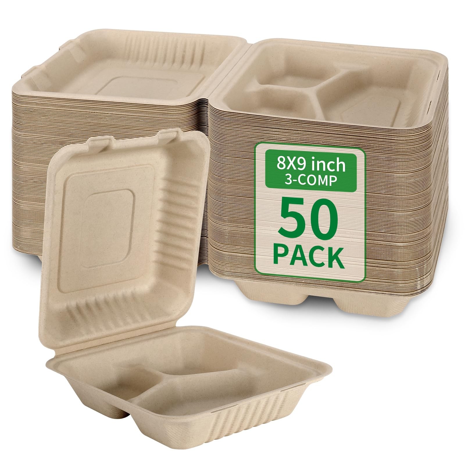 50 Pack 3 Compartment Compostable 8×9 Inch Takeout Lunch Box Containers with …