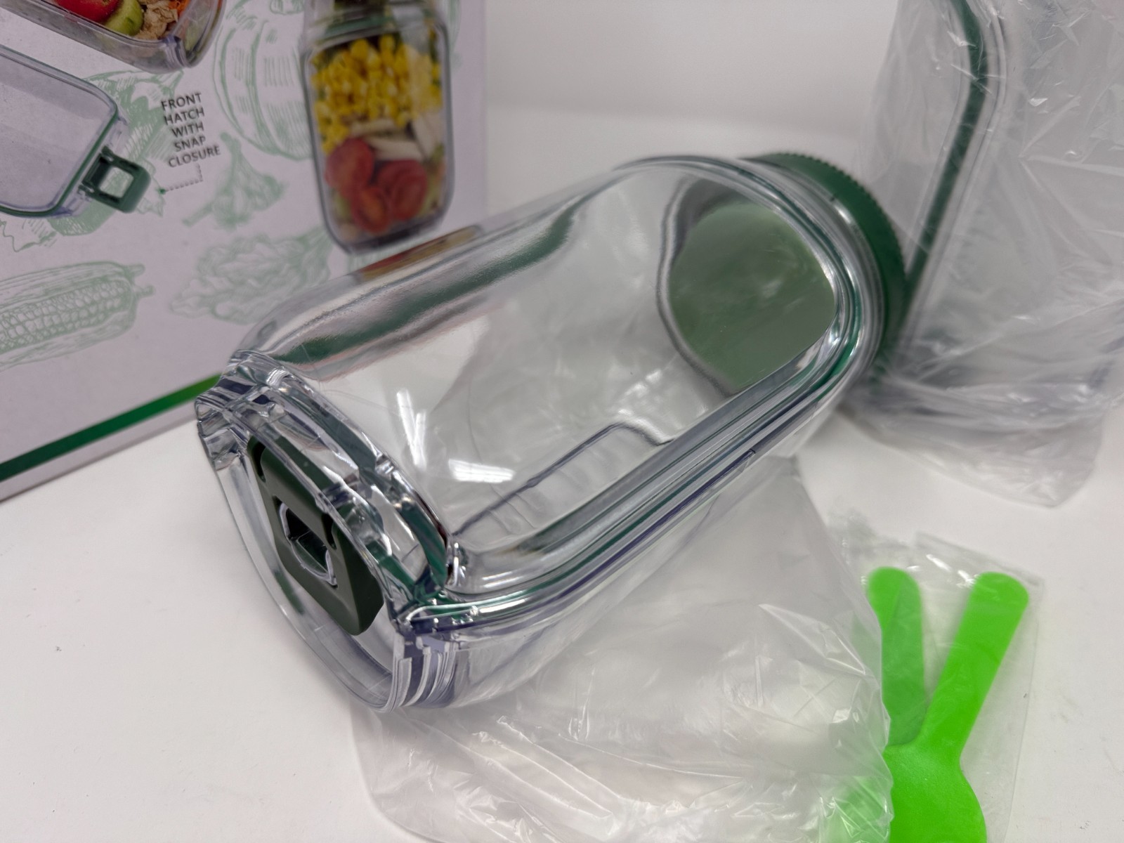 2 Pack Salad Jar Plastic Mason Jar with Side Opening Fruit Storage Box