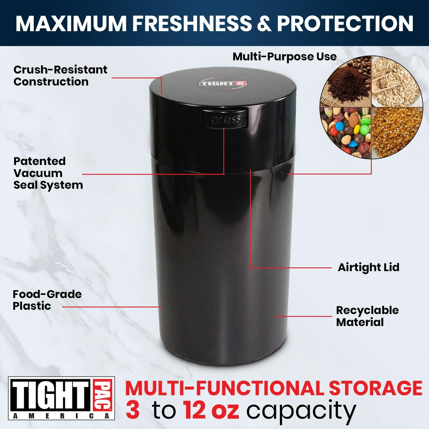 Tightvac 3 to 12 Ounces Airtight Smell Proof Container – Patented Vacuum Seal