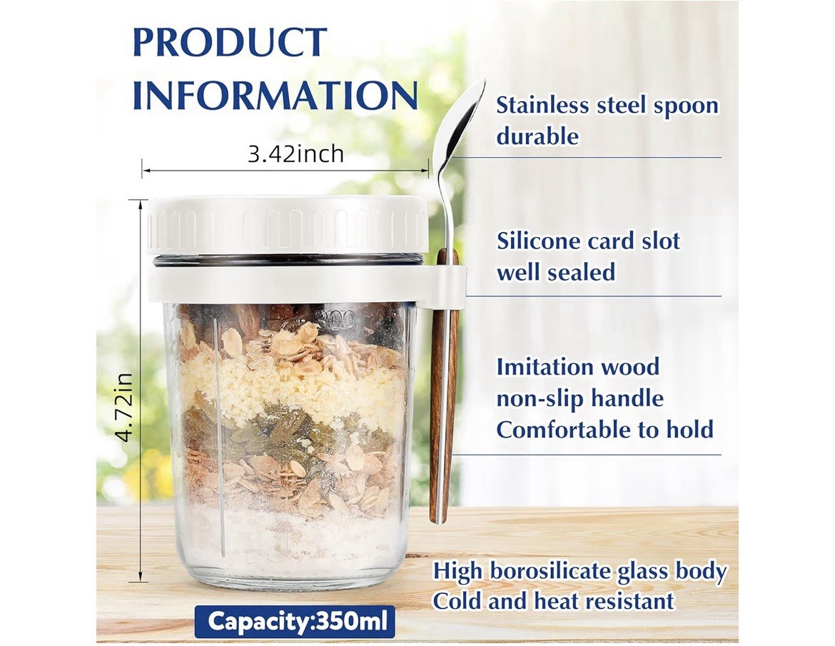 2pk Overnight Oats Jars with Spoons and Lids, 16 Oz, Oats Yogurt Fruit Storage