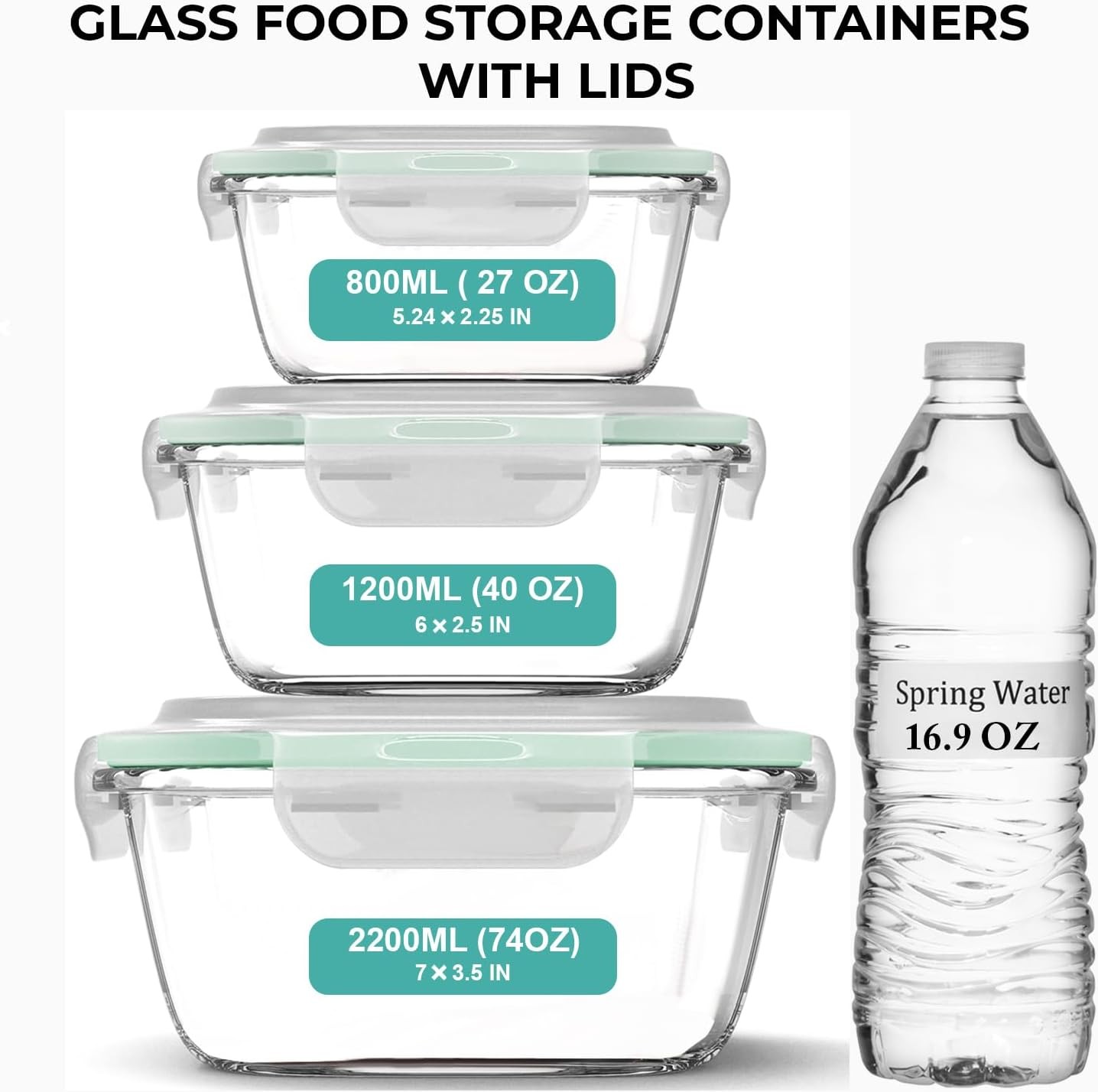 6 PC Square Glass Food Storage Containers W/ Airtight lids 74 40 & 18 oz Kitchen