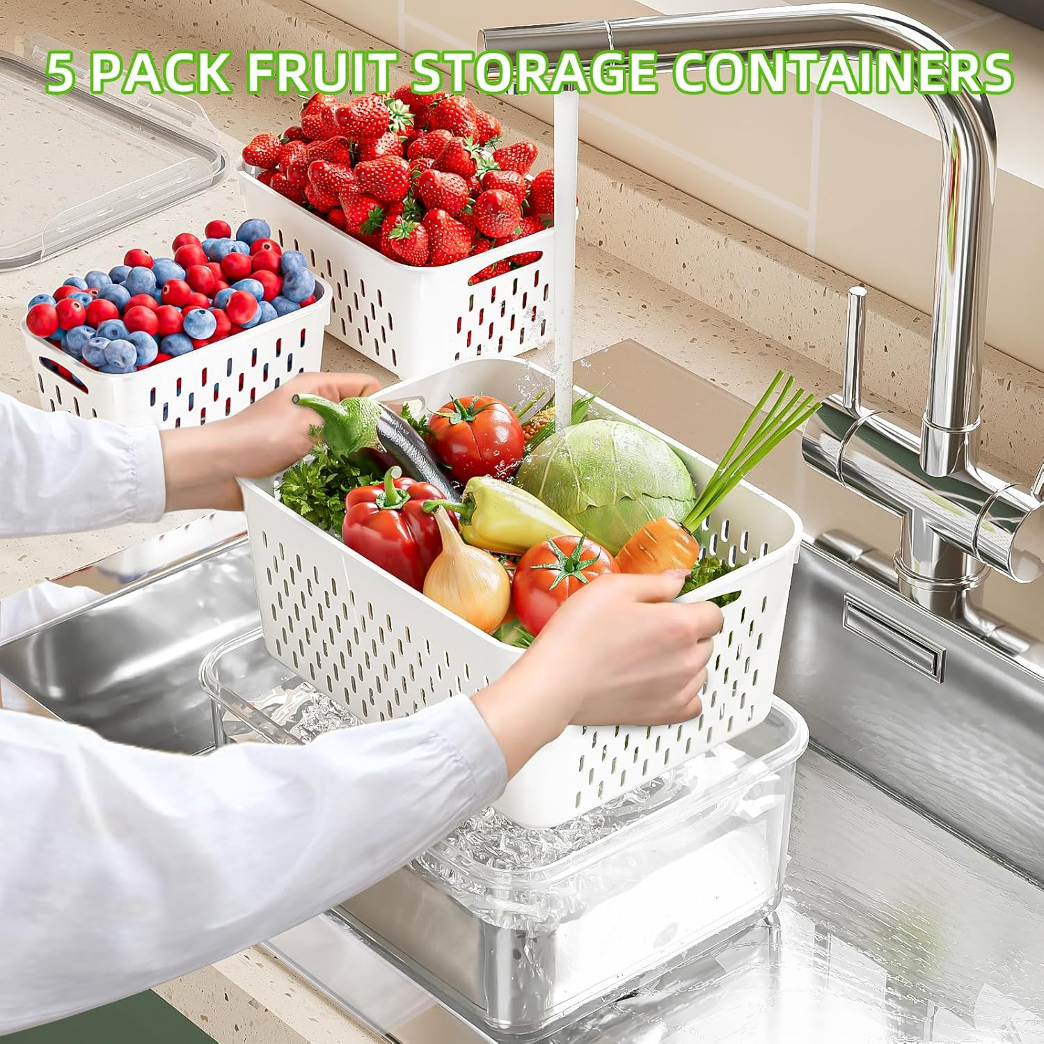 KEMETHY 5 Pack Fruit Storage Containers for Fridge with Removable Colanders – Fo