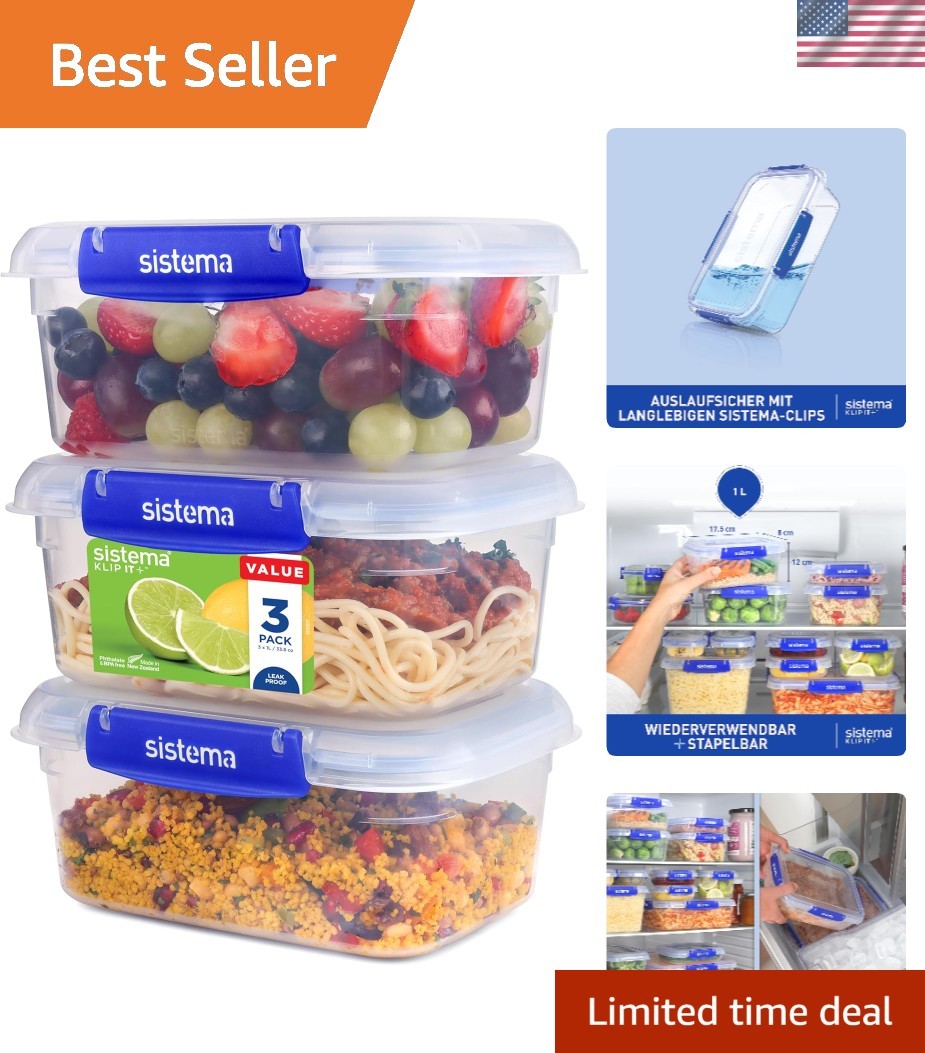 KLIP IT PLUS Leakproof Meal Prep Containers 1L – 3 Pack, BPA-Free & Stackable