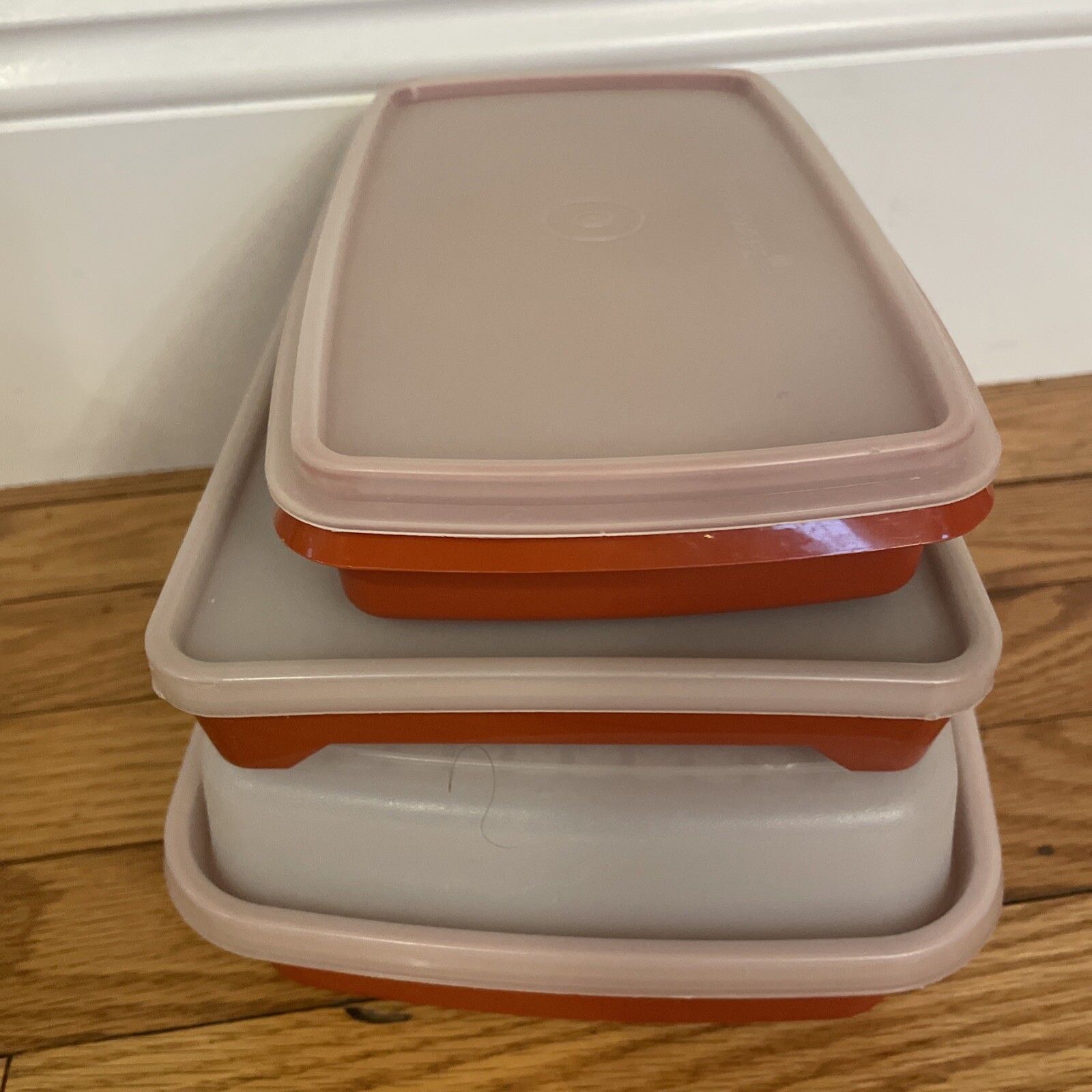 Vtg 6 Pc Lot Tupperware Orange Rectangle w/Clear Lids Meat Keeper Storage Retro