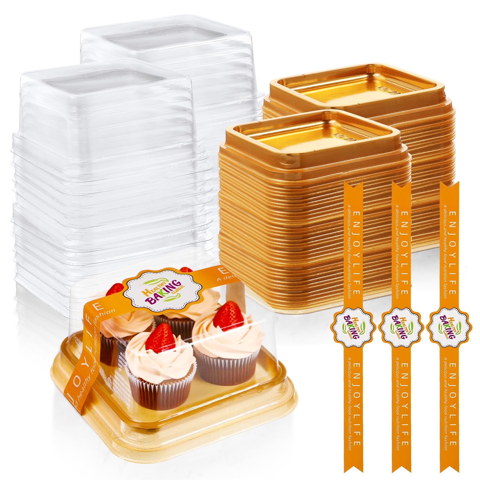 100 Sets Gold Cake Containers – 3.55 Inch Clear Plastic Mini Cake Box with Li…
