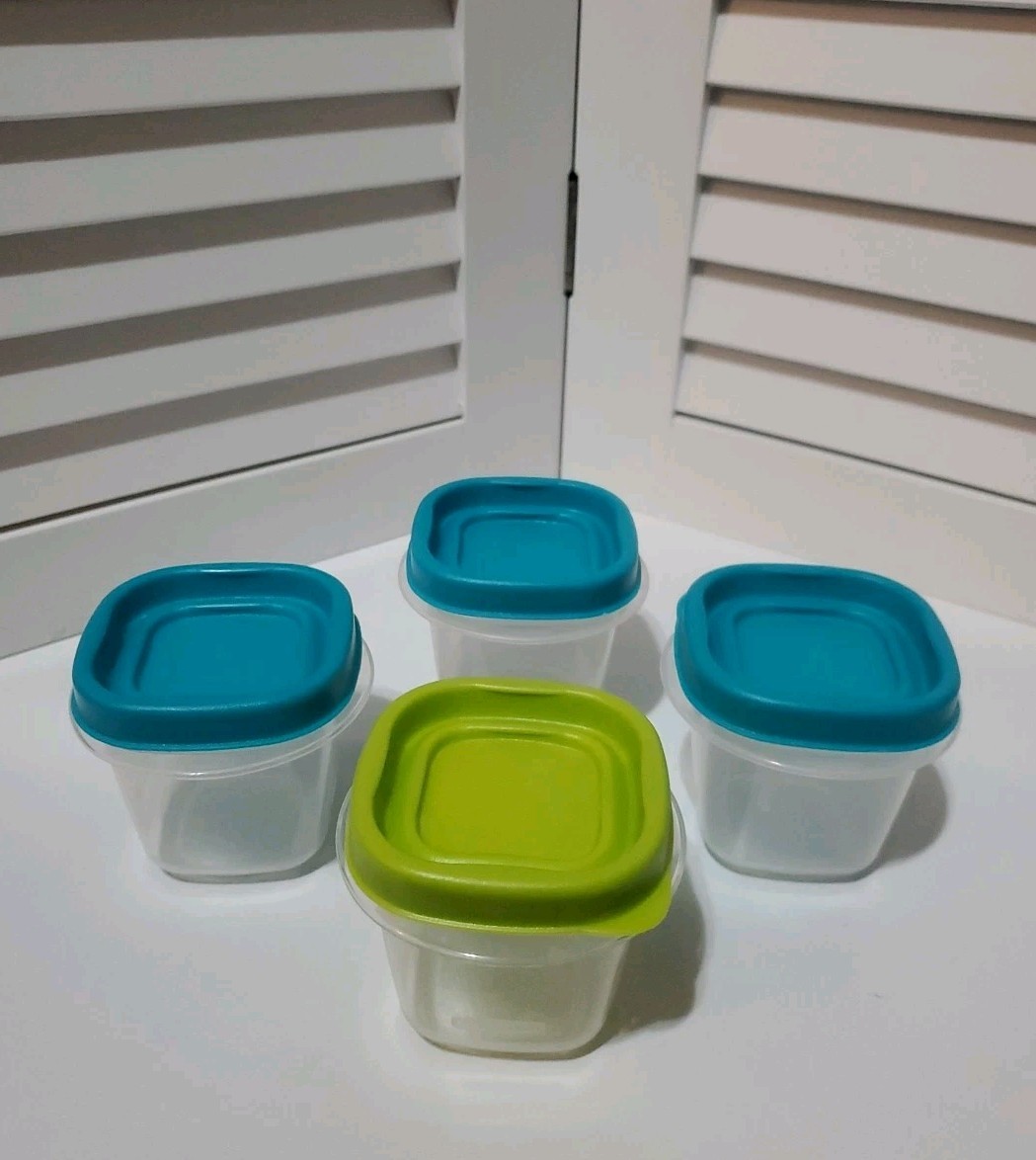 Vtg Rubbermaid 7J53 4oz Containers Lot 5 Dark Teal Lime Green Lids Set Rare