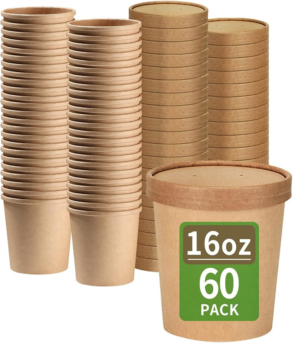 60 Pack 16 Oz Paper Food Containers with Lids, Ice Cream Pint Containers, 16 Oz