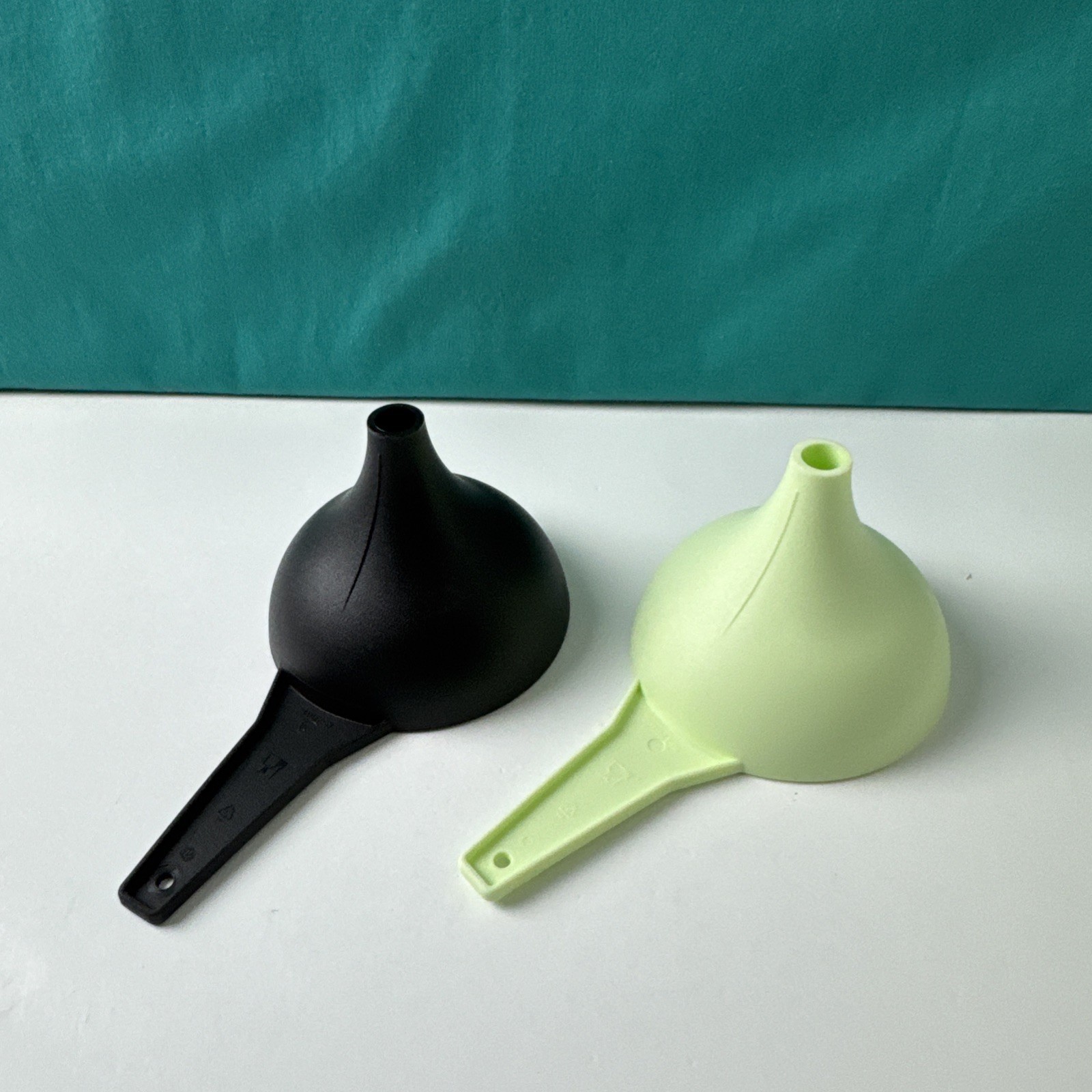 Two Tupperware Large Funnels ~Fill Oil Bottles / Black & Mint Green New