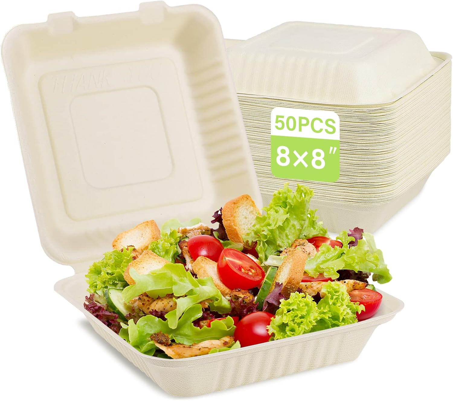 Compostable Take Out Food Container 8X8, 50 Pack Disposable to Go Food Boxes, Bi