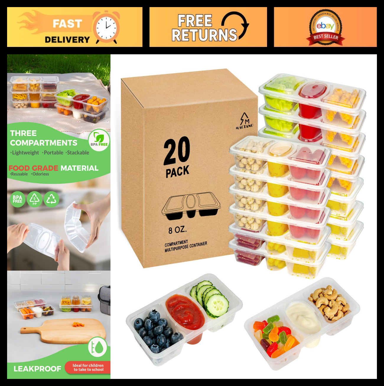 8 OZ Reusable Snack Containers with Lids – 3 Compartment Condiment Packs, 20 Set