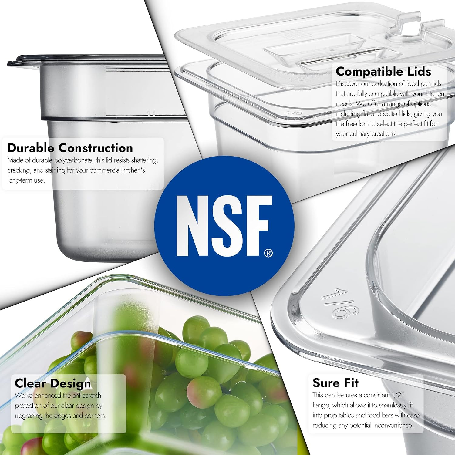 6-Pack 1/6 Size 4″ Deep NSF Polycarbonate Food Pans | Dishwasher & Freezer Safe