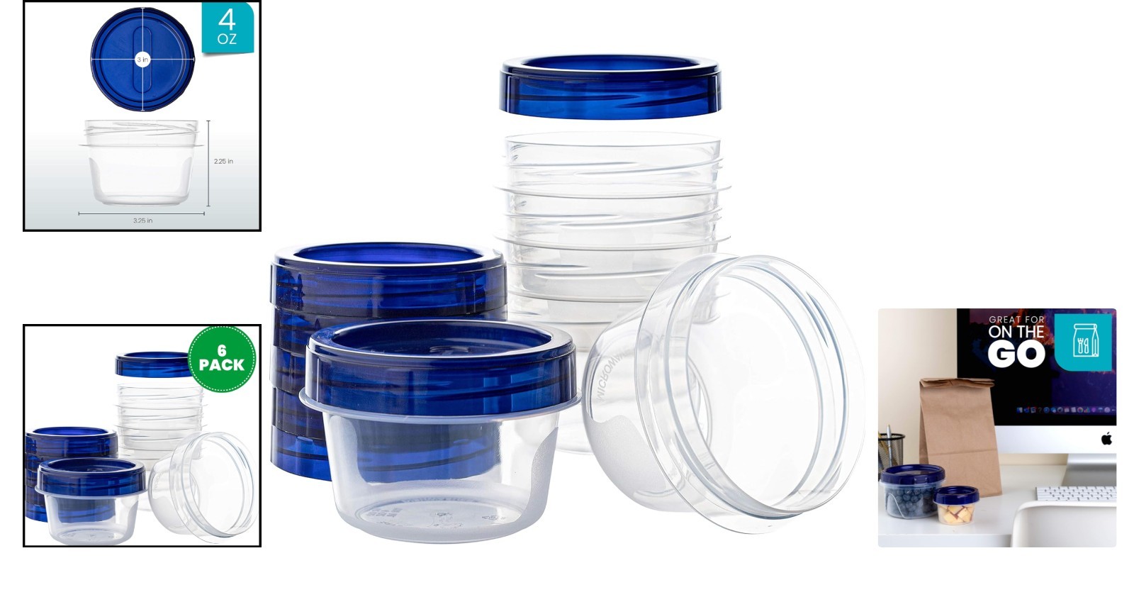 6 Pack Clear Deli Containers with Blue Twist Lids 4 Ounce Food Storage