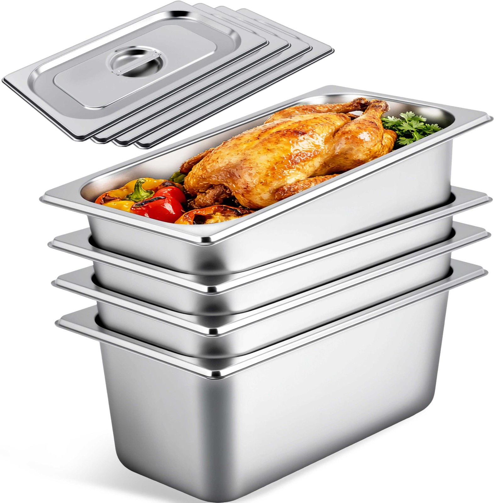 4 PCS 1/3 Size x 6 Inch Deep Stainless Steel Steam Table Hotel Pan Lid Buffet