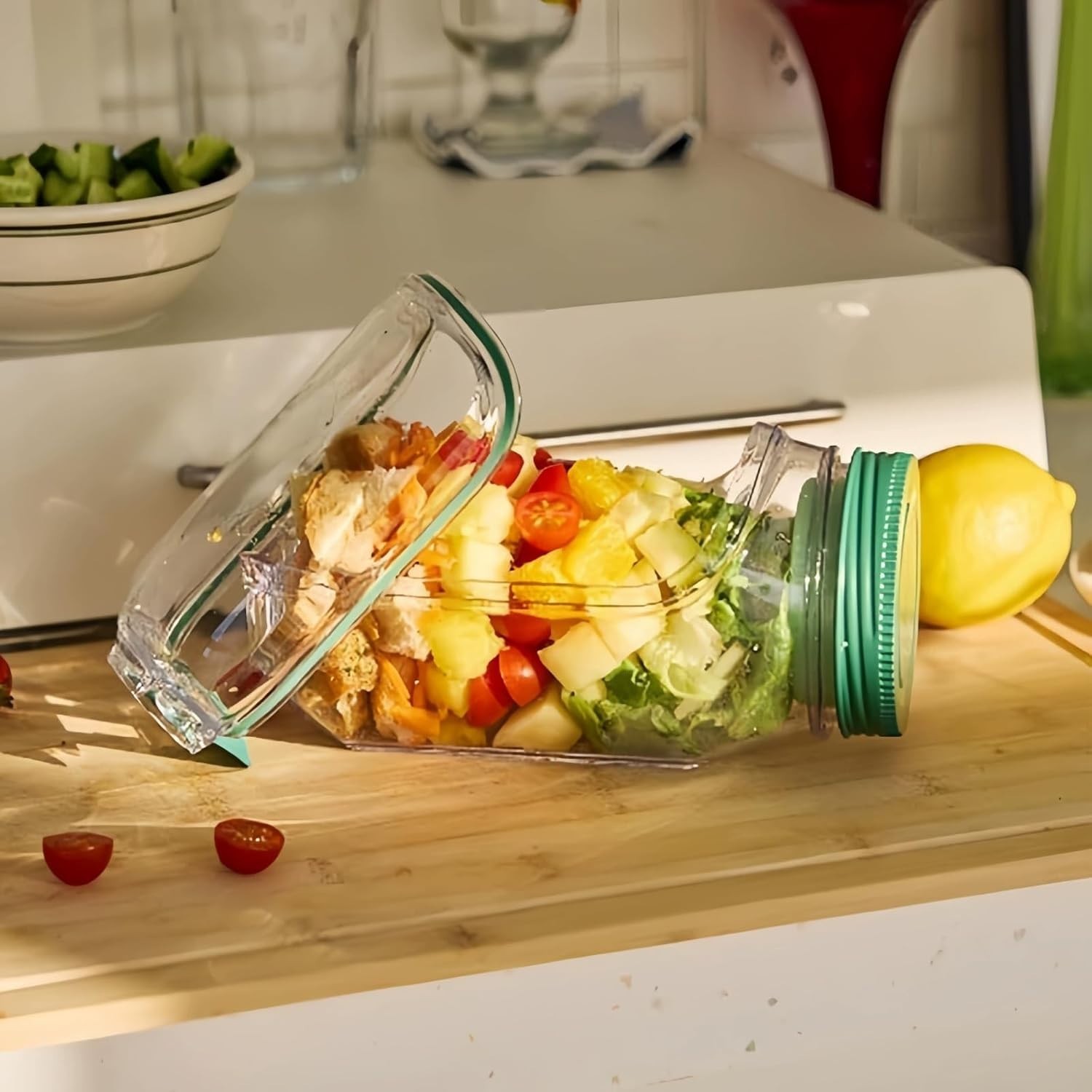 2 Pack Salad Jar Plastic Mason Jar with Side Opening Fruit Storage Box
