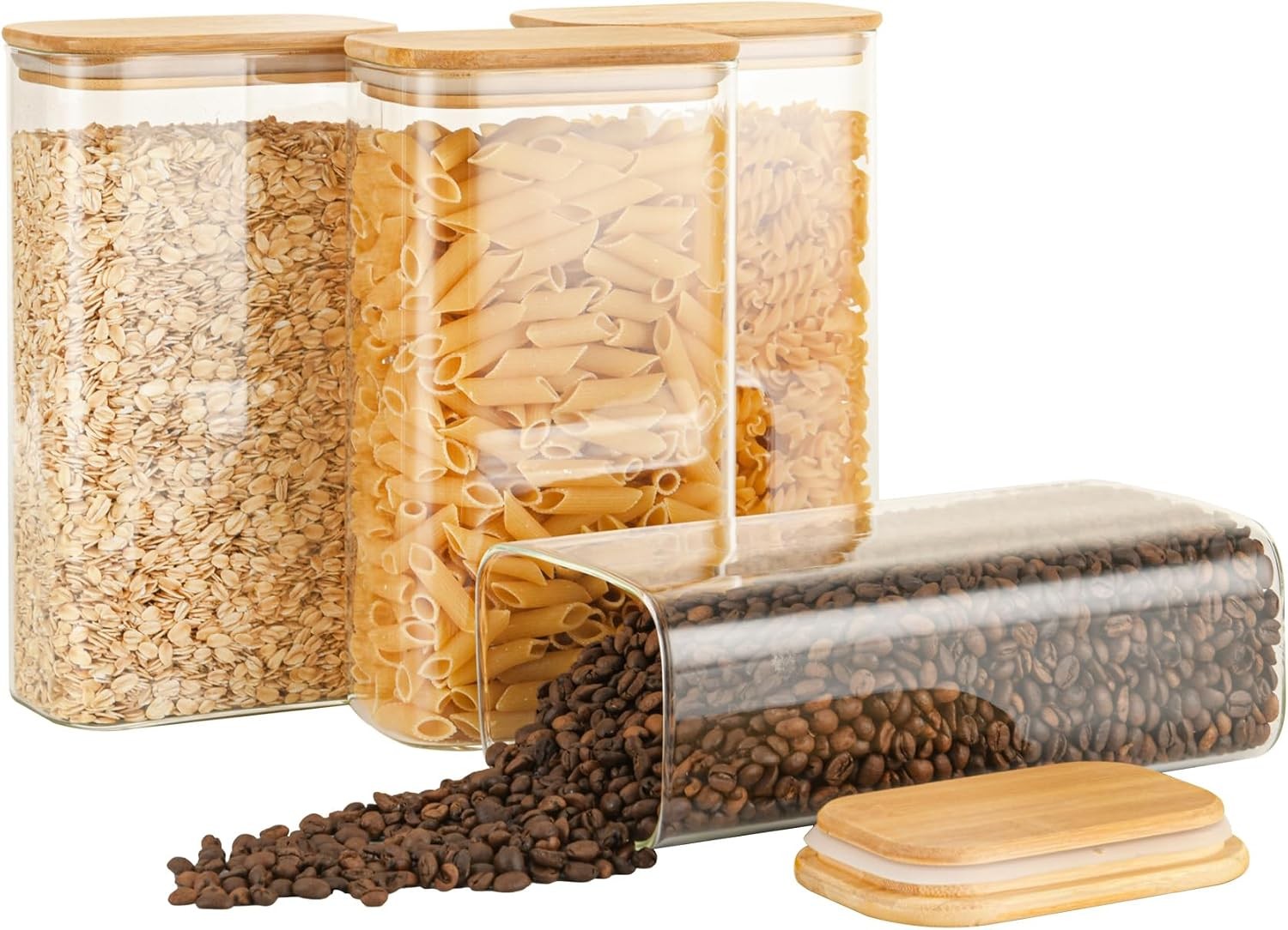 56oz Rectangle Airtight Glass Storage Containers W/ Bamboo Lids Set of 3 Square