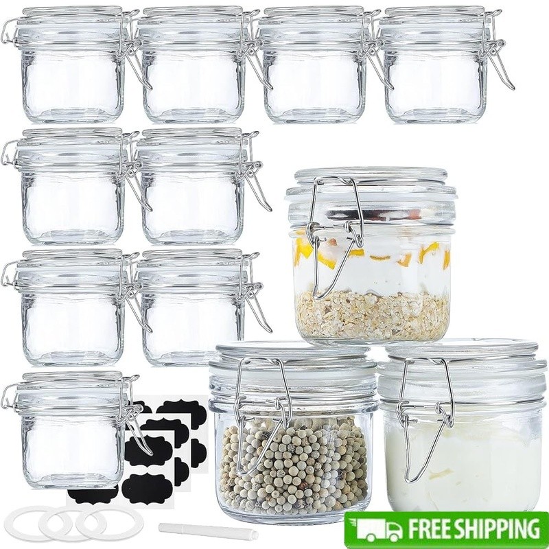 12 Pack 7oz Glass Storage Jars Airtight Lids W/ Labels Durable BPA Free New
