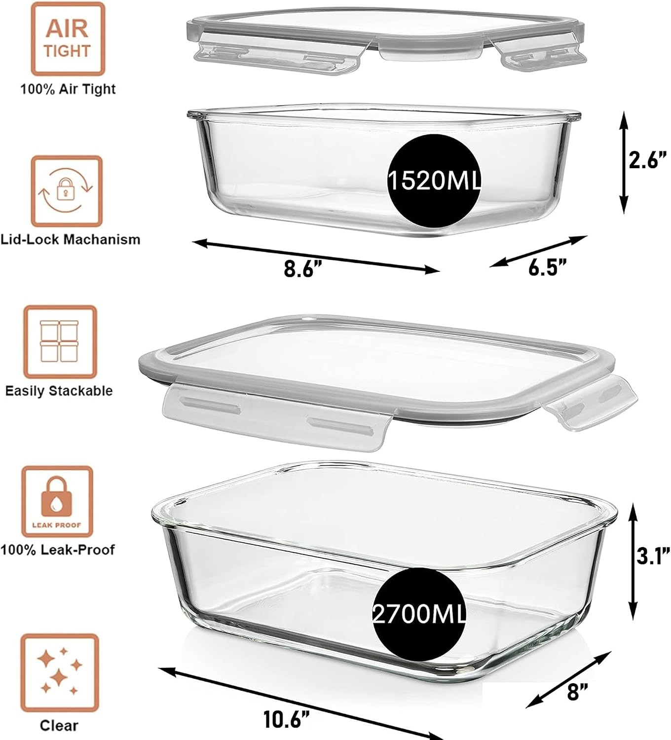 4 Pc (2700ML/ 91 Oz & 1520ML/ 51 Oz) Airtight Large Glass Food Storage