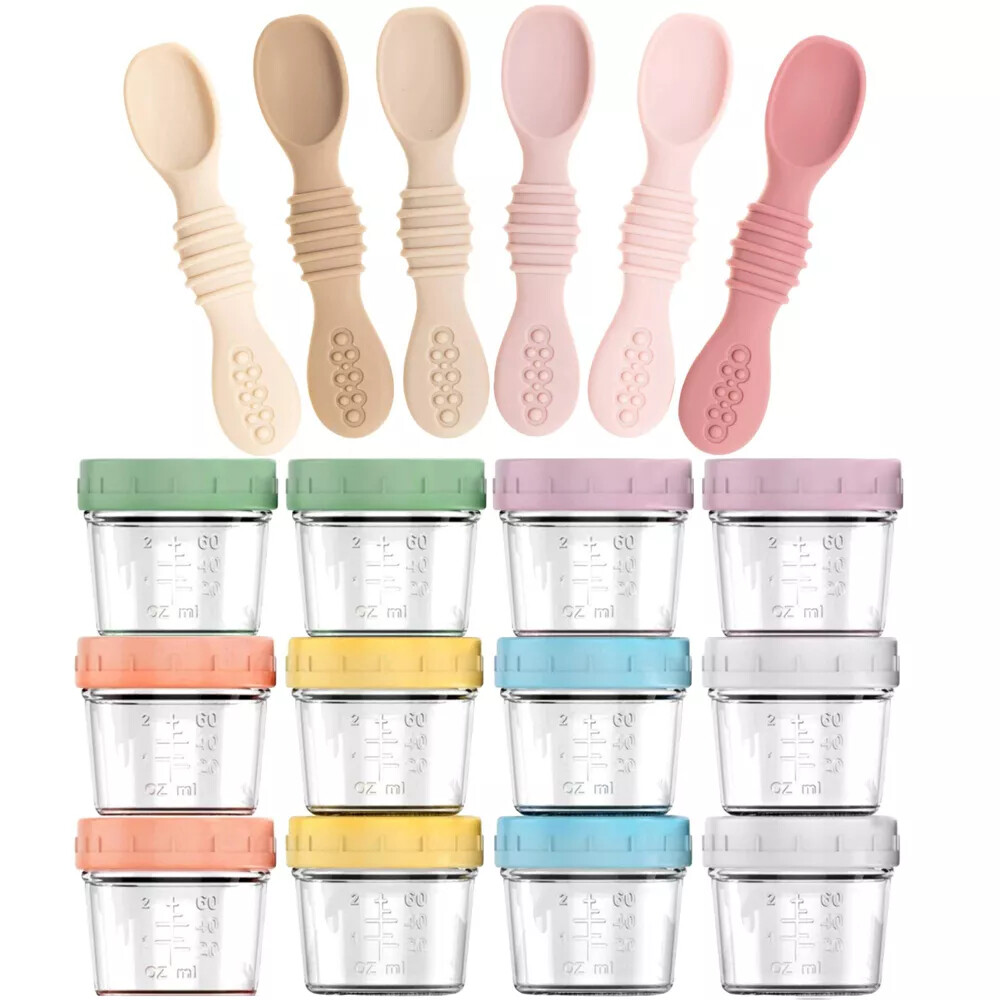 12-Pack Glass Baby Food Storage Jars with Lids, 6-Pack Silicone Baby Spoons