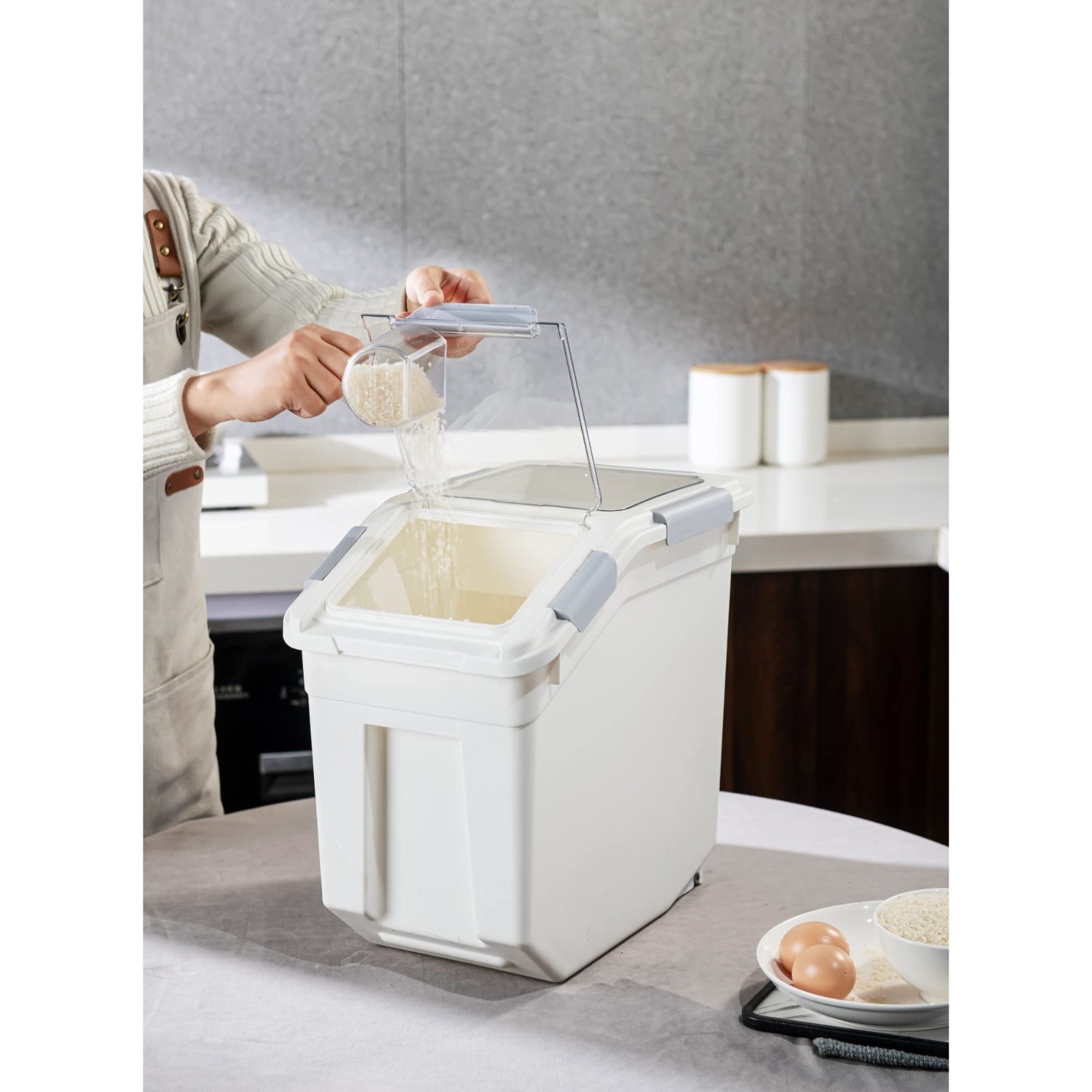 33L Rice Storage Container Set, 50lbs Capacity, BPA-Free, Includes Measuring Cup