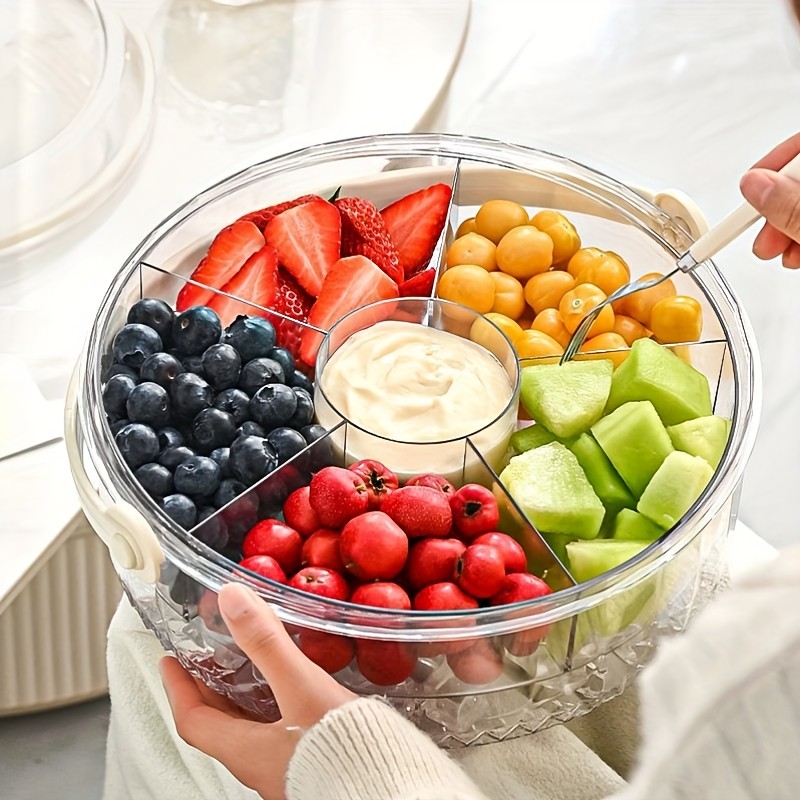 5-Compartment Round Plastic Storage Container with Flip-Top Lid & Handle