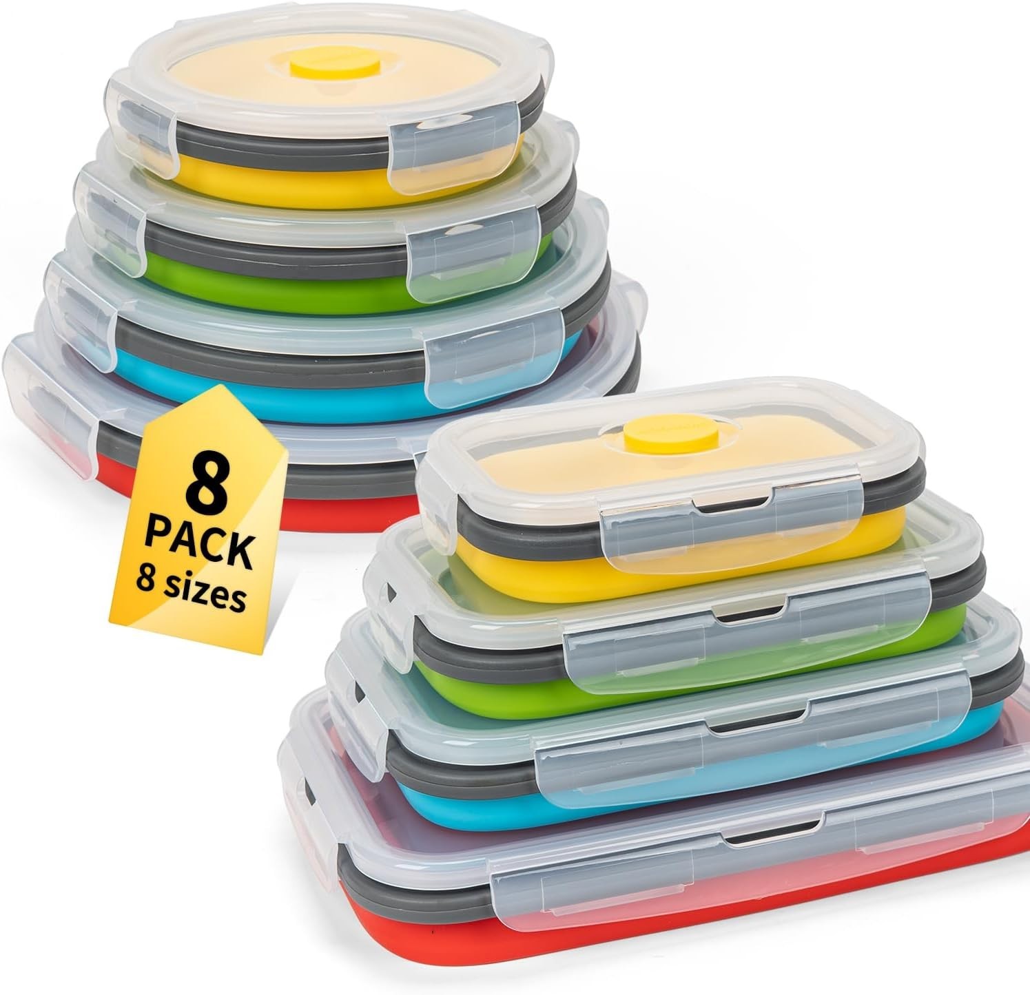 Collapsible Food Storage Containers W/ Lid & Air Vent 8 Pack 4 Rectangular