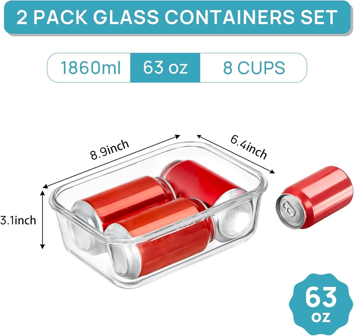 2Pack 1860ml/63oz Large Glass Storage Containers W/Lids Meal Prep Food Container